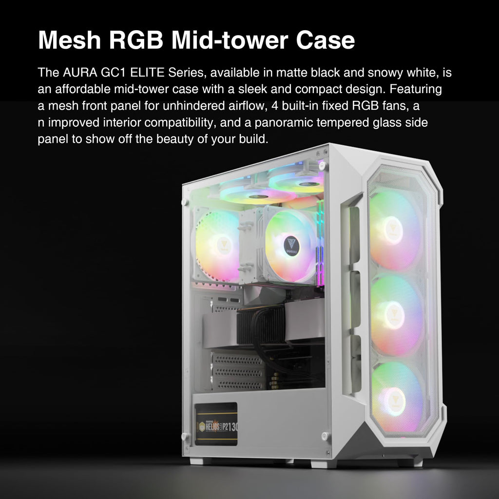 GAMDIAS ATX Mid Tower Gaming Computer PC Case Tempered Glass, Built-in 4X 120mm ARGB Case Fans, Front Airflow Mesh, Up to 6x120mm Fans, 340mm GPU/VGA, 360mm AIO/Radiator, 160mm CPU Cooler