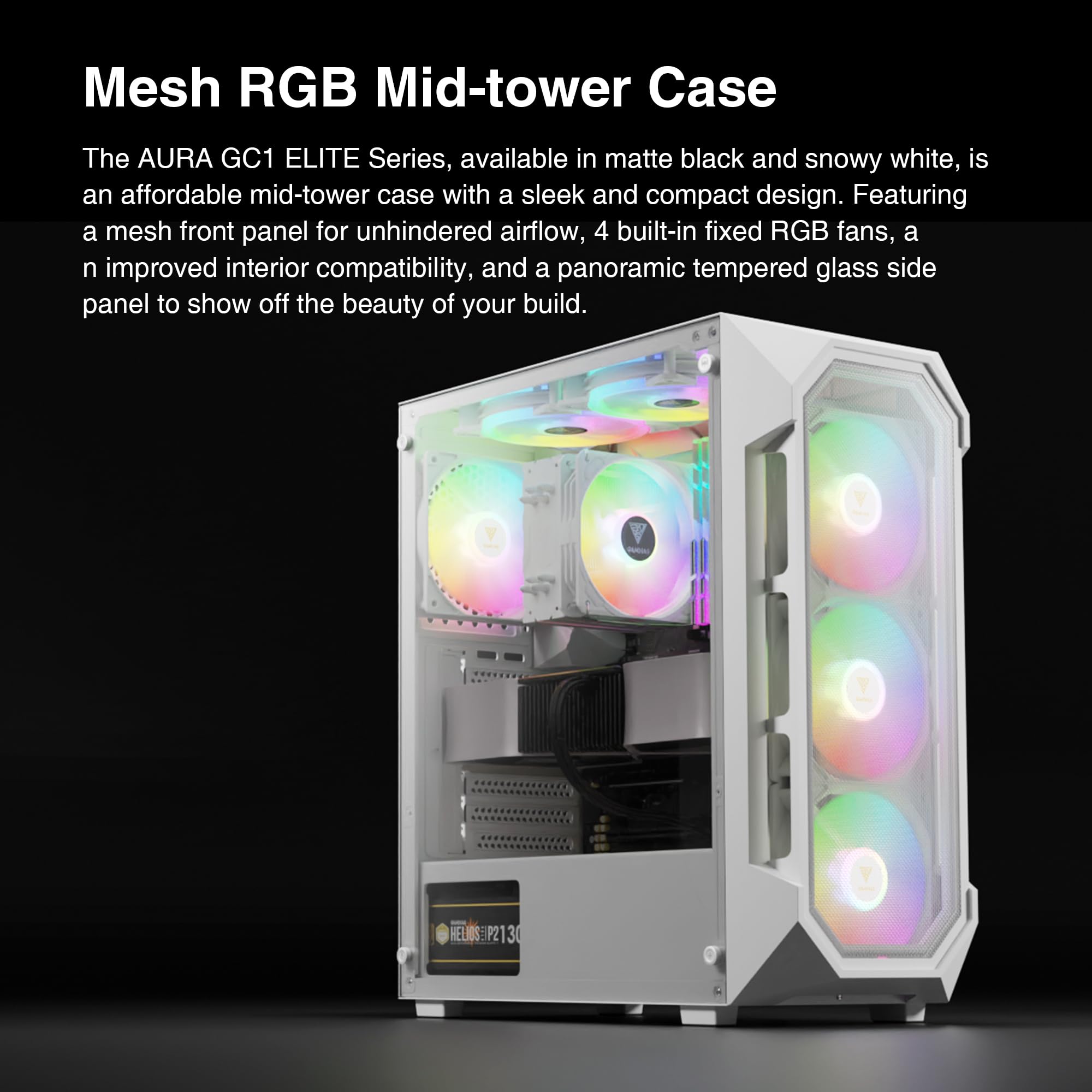 GAMDIAS ATX Mid Tower Gaming Computer PC Case Tempered Glass, Built-in 4X 120mm ARGB Case Fans, Front Airflow Mesh, Up to 6x120mm Fans, 340mm GPU/VGA, 360mm AIO/Radiator, 160mm CPU Cooler