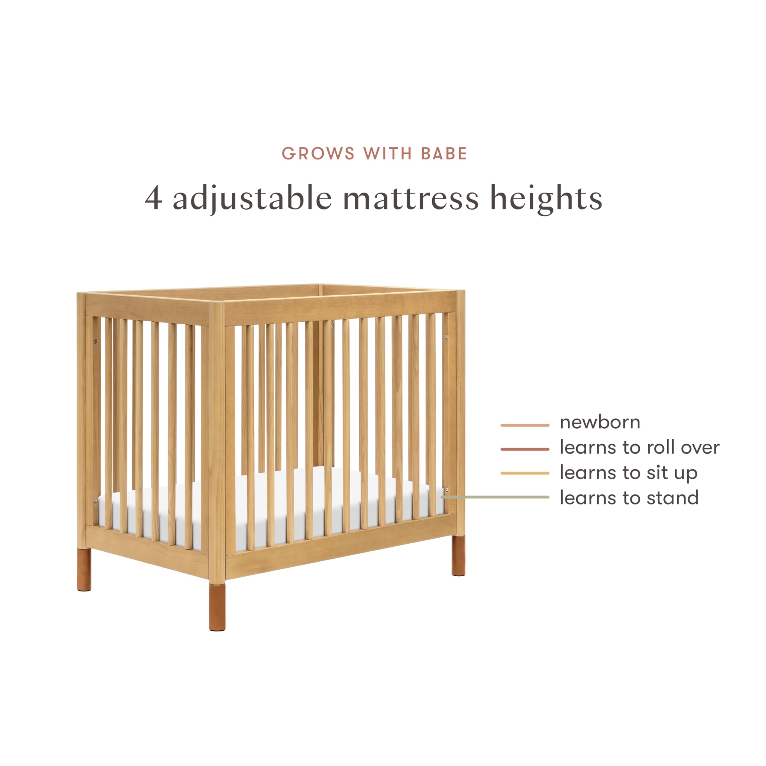 Babyletto Gelato 4-in-1 Convertible Mini Crib with Toddler Bed Conversion in Honey with Vegan Tan Leather Feet, Greenguard Gold Certified