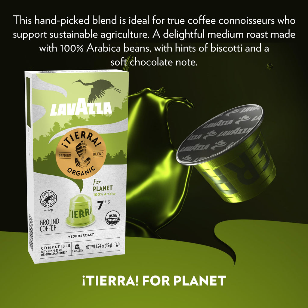 Lavazza TIERRA PLANET USDA ORGANIC Espresso Aluminum Capsules Compatible with Nespresso Original Machines, 10 Count, Medium Roast, 100% Arabica, Intensity 7 of 13