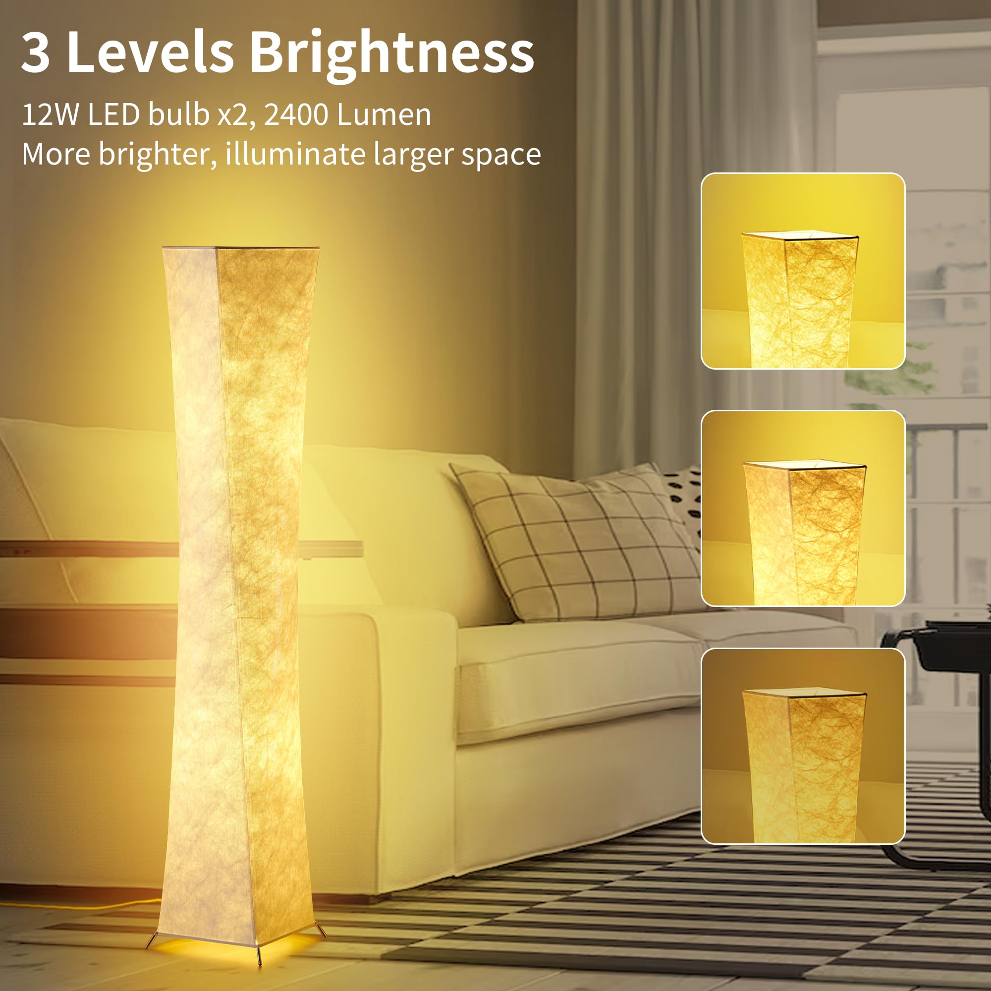 chiphy Floor Lamp, Dimmable 39" (XS) Tall Standing Lamp, 3 Levels Adjustable Brightness 12Wx2 LED Bulbs, Column Floor Light w/White Fabric Shade, Home Decor for Living Room, Bedroom, Kids Room