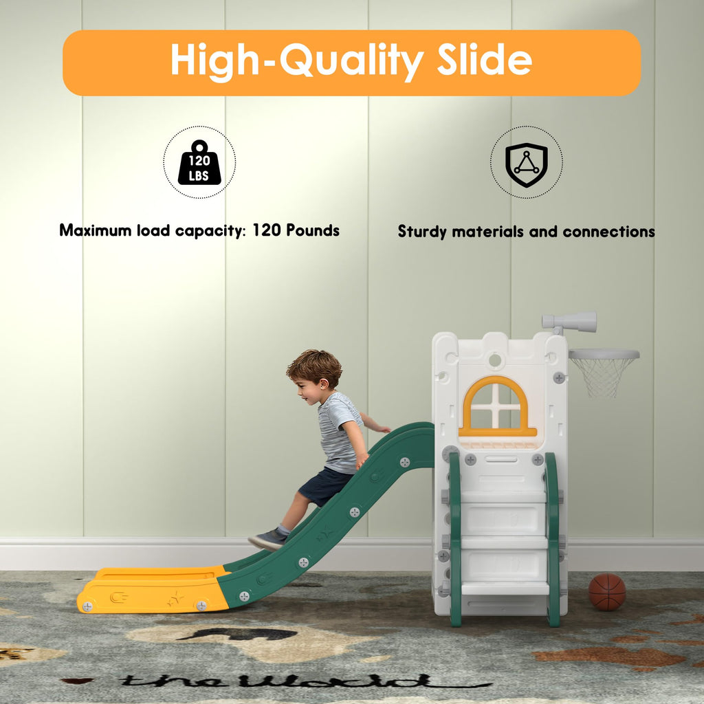 LulliSpace 6 in 1 Toddler Slide,Kids Playset for Toddlers Indoor Outdoor, Baby Slide with Basketball Hoop, Telescope & Storage Space,Non-Slip Steps for Great Gift