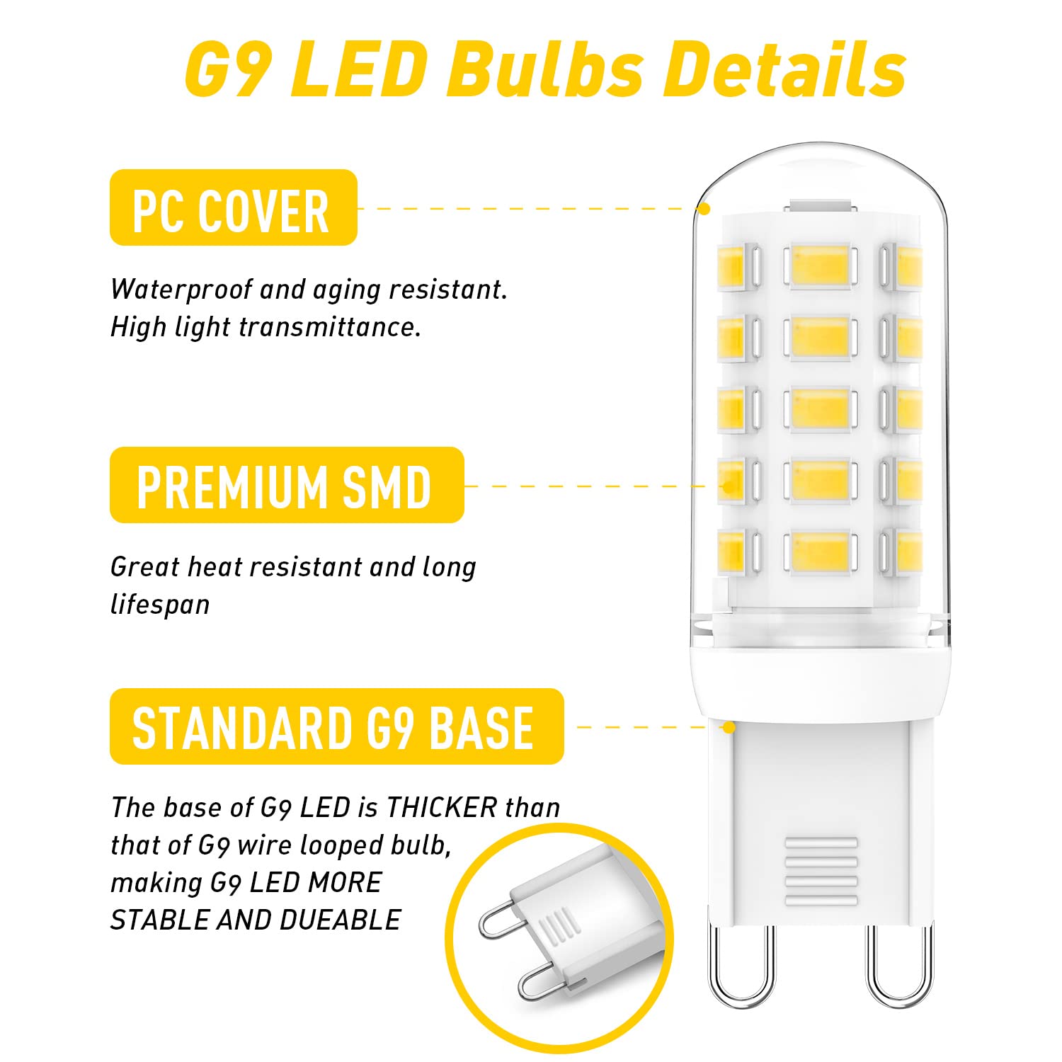 G9 LED Bulbs Dimmable 3W (T4 30W 25W 20W Halogen Bulb Equivalent), Warm White 2700K, 120V, 350LM Bi Pin or Chandelier Wall Pendant Ceiling Lamps,No Flicker 4-Pack