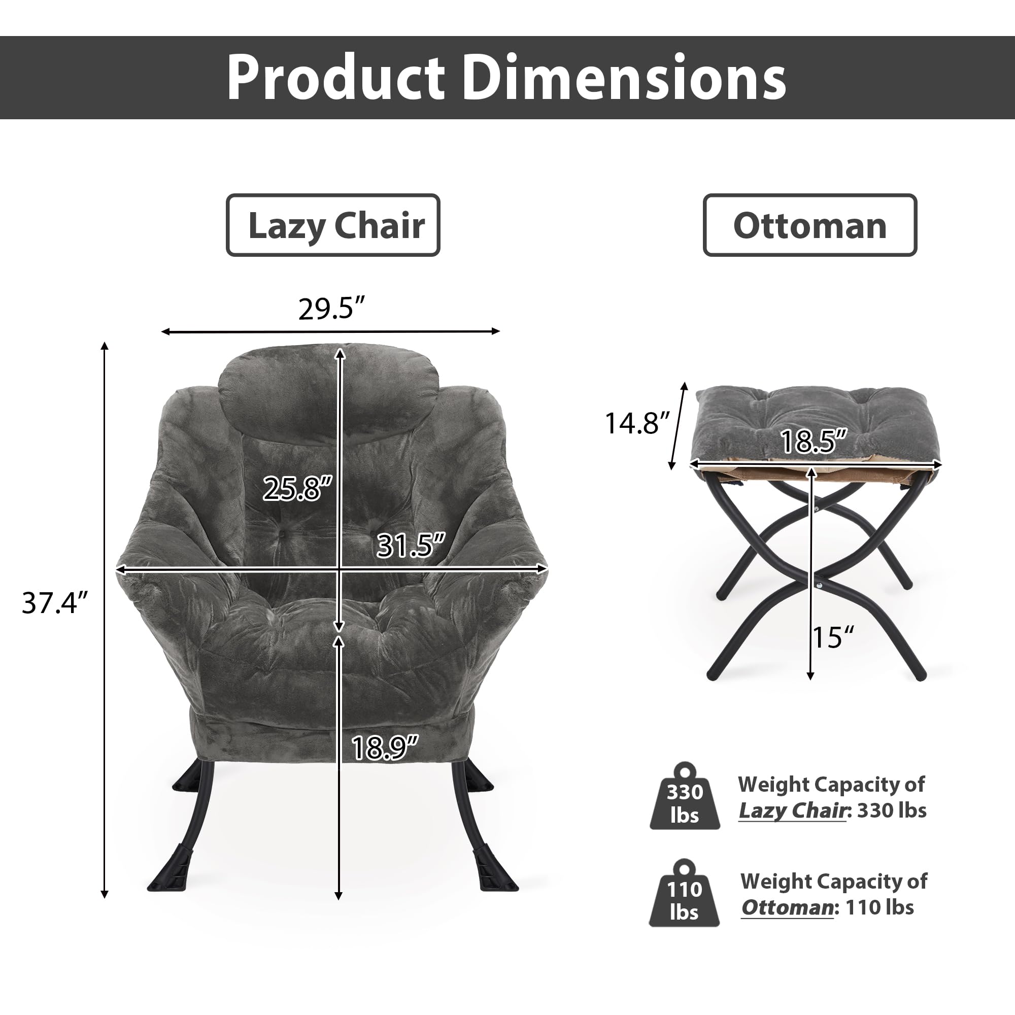 Youtanic Lazy Chair with Folding Ottoman, Accent Chair Velvet Upholstered with Metal Structure and Non-Slip Pads, Sofa Armchair with Footrest and Side Storage Bag for Dorm, Room, Office, Beige