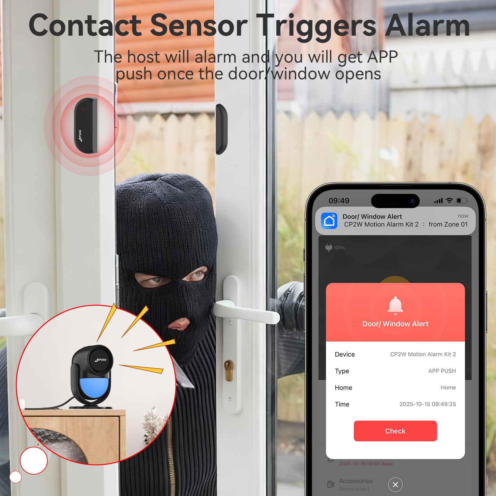 CPVAN WiFi Motion Sensor Alarm, 125dB Smart PIR Motion Detector with Phone App Alerts, Wireless Indoor Home Security Alarm System with Remote, 2.4GHz WiFi, Black