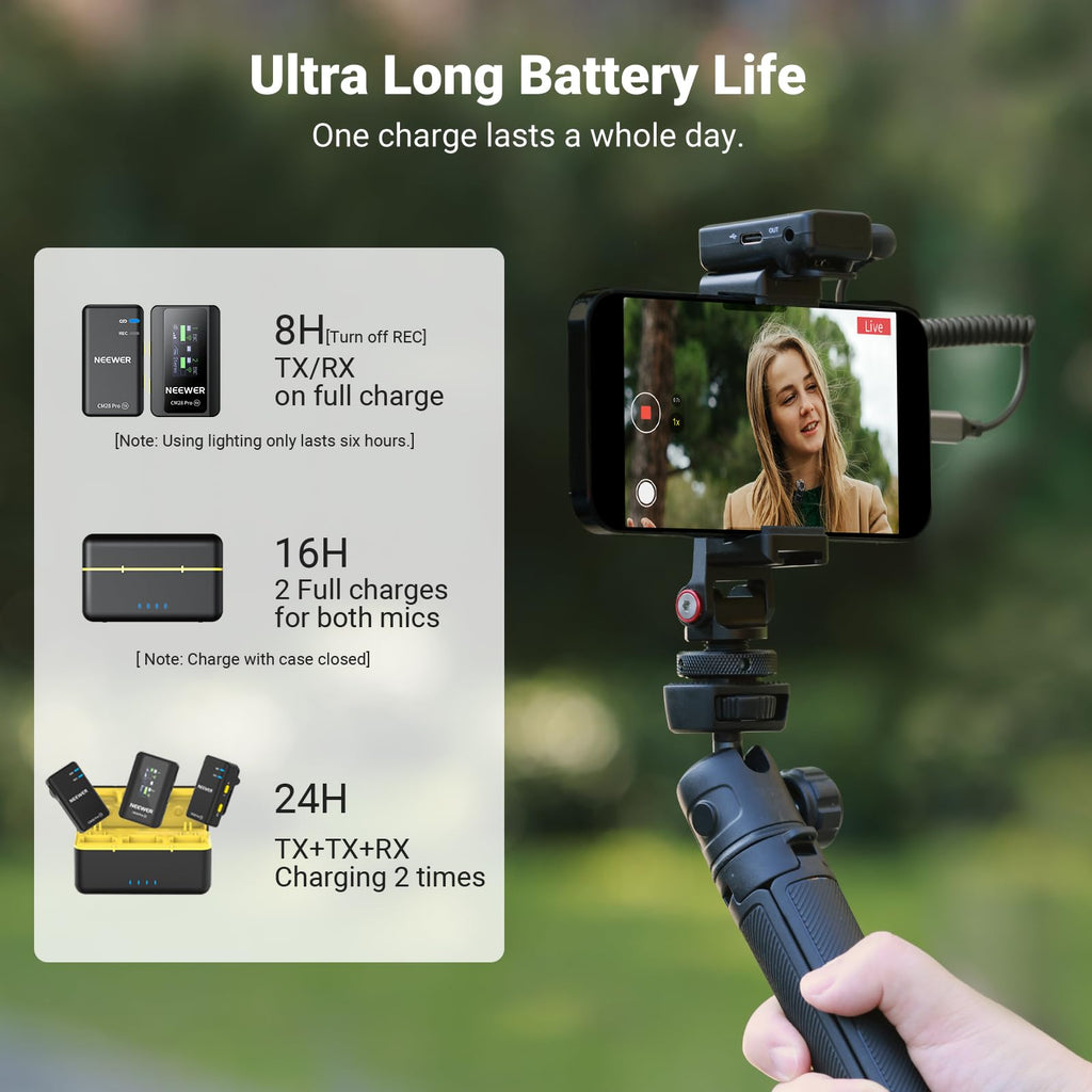 NEEWER CM28 Wireless Lavalier Microphone System, 1 Click Noise Canceling, 4GB Storage for 9Hrs of 48KHz 16 Bit Uncompressed Audio, Lapel Mic Compatible with iPhone/Android/PC/Camera/iPad