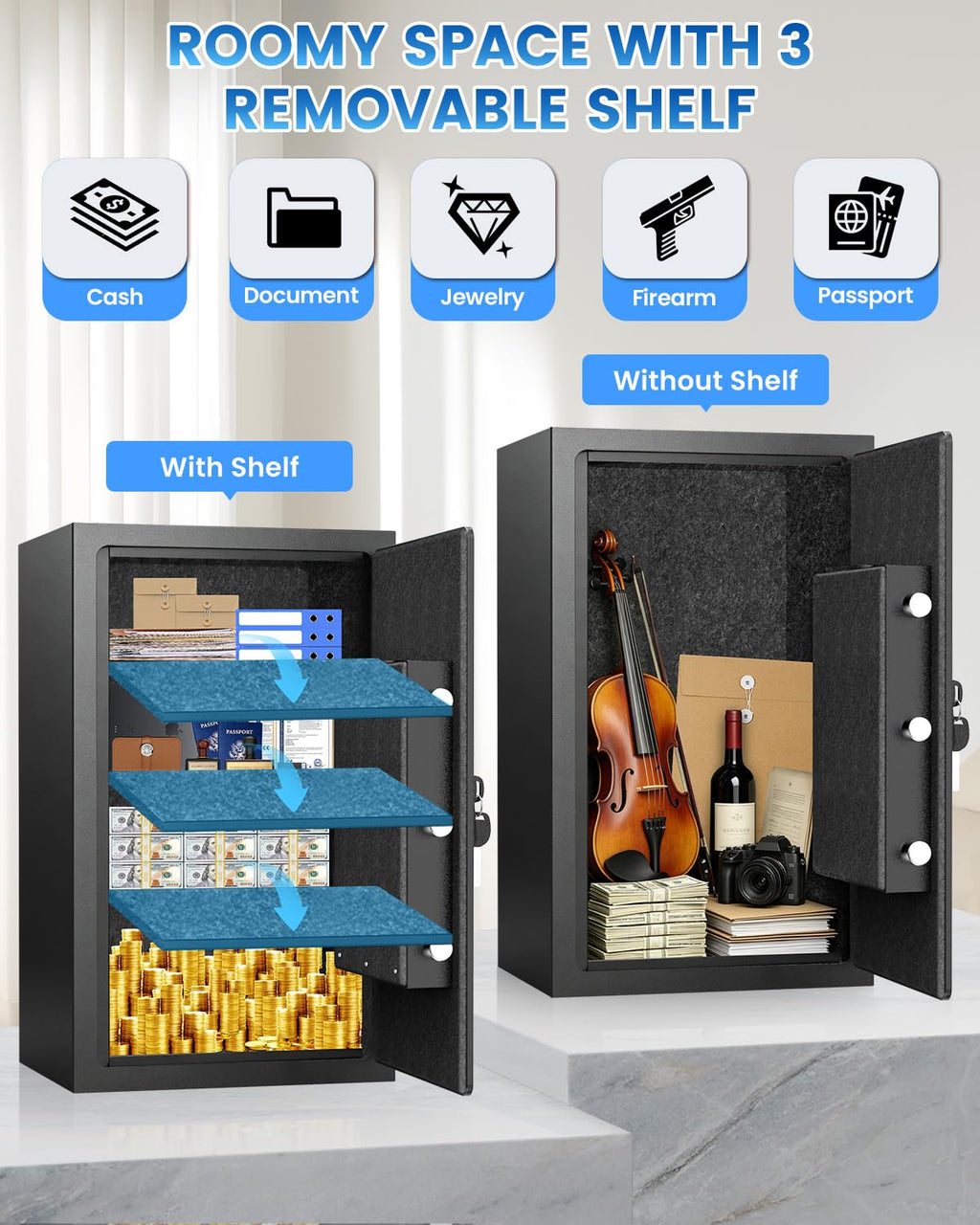 Home Safe Box, Safes with Fireproof Waterproof Bag, 9.84'' H Anti-Theft Digital Security Lock Box with Smart Alert System, Removable Shelf, Mute Function, Document Safes for Jewelry