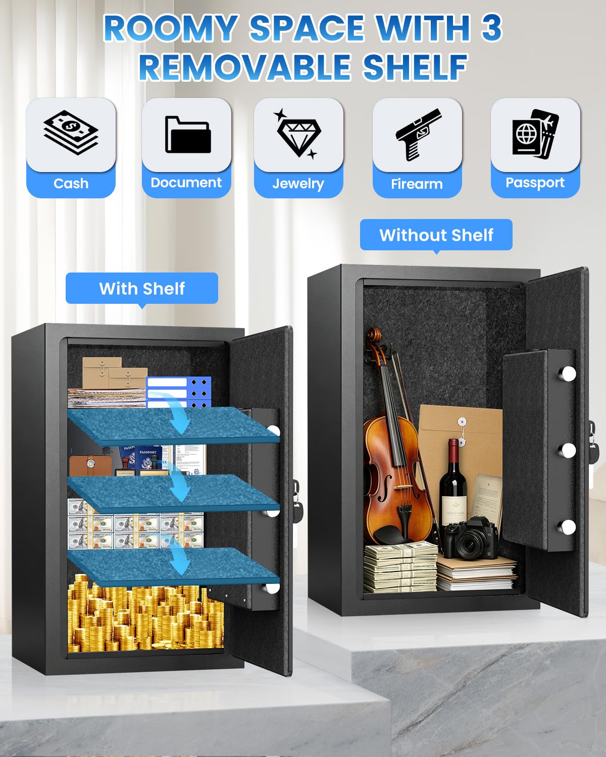 Home Safe Box, Safes with Fireproof Waterproof Bag, 9.84'' H Anti-Theft Digital Security Lock Box with Smart Alert System, Removable Shelf, Mute Function, Document Safes for Jewelry