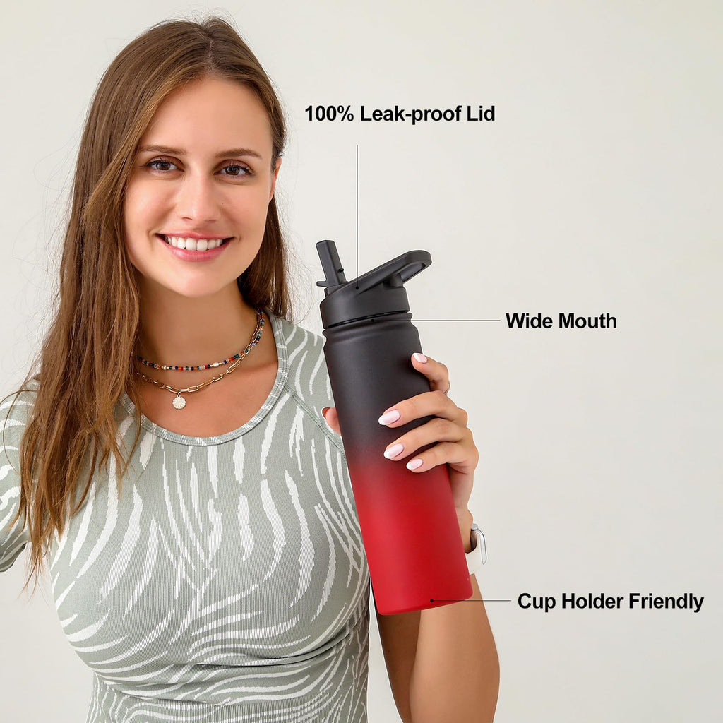 mininoo 24 oz Insulated Water Bottle with Straw Lid, Stainless Steel Double Wall Vacuum, Leak Proof, BPA Free, Keep Cold for 24H & Hot for 12H-2 pack(Black)