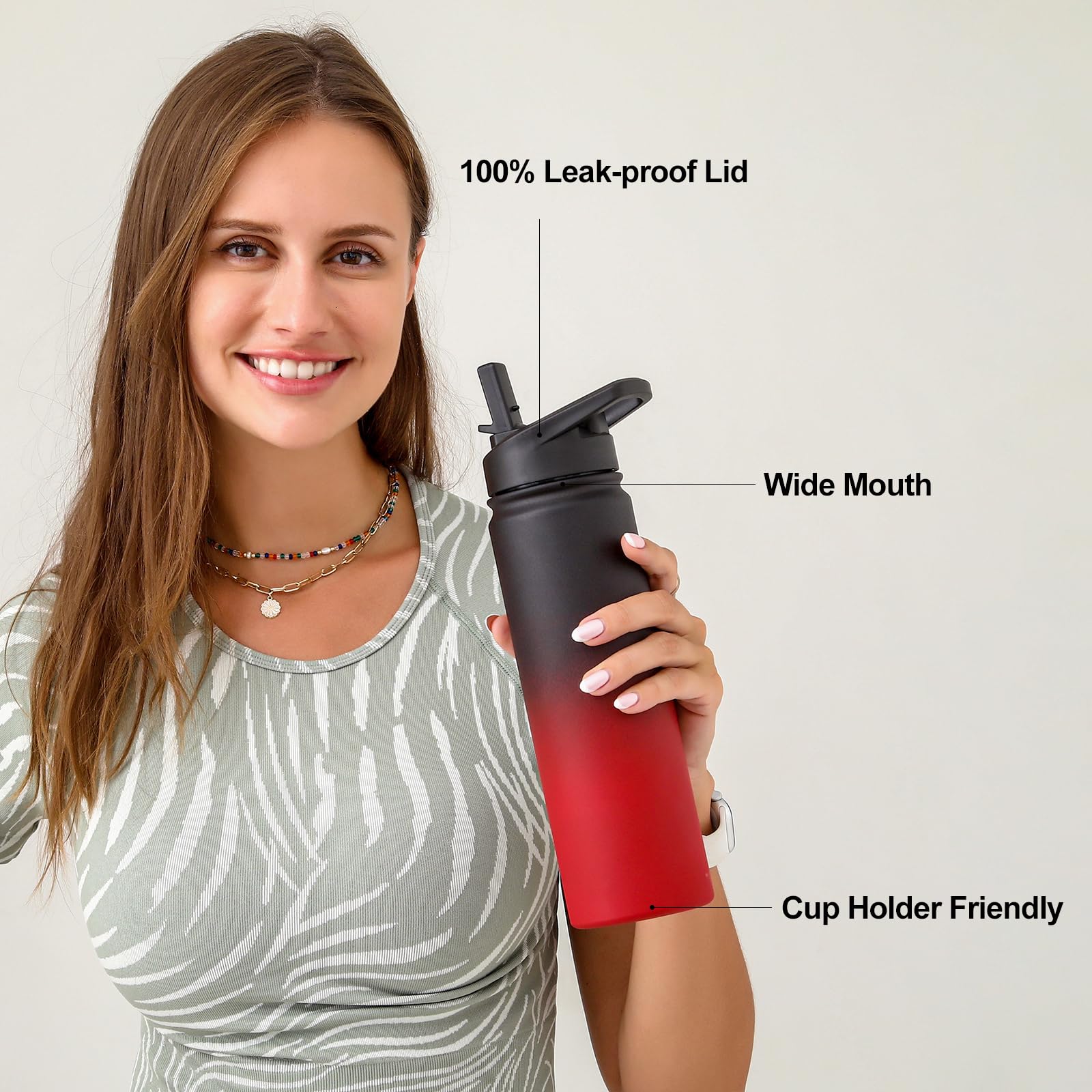 mininoo 24 oz Insulated Water Bottle with Straw Lid, Stainless Steel Double Wall Vacuum, Leak Proof, BPA Free, Keep Cold for 24H & Hot for 12H-2 pack(Black)