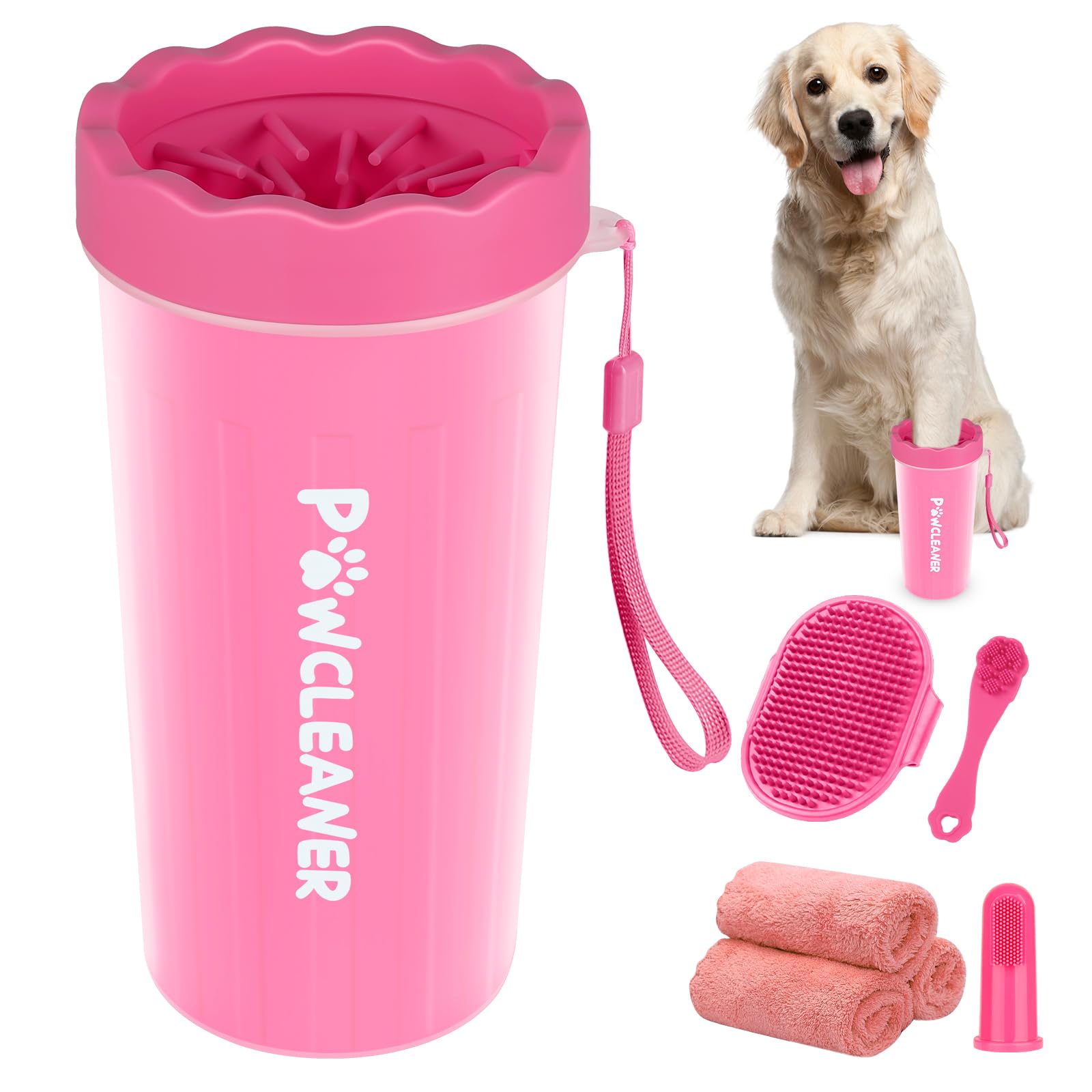 Professional 7 in 1 Dog Paw Cleaner for Dogs & Cats - Includes 1 Portable Paw Washer, 1 Bath Brush, 2 Dog Toothbrushes and 3 Absorbent Towels Note: Fits Paws up to 2 Inches Wide (Small, Black)