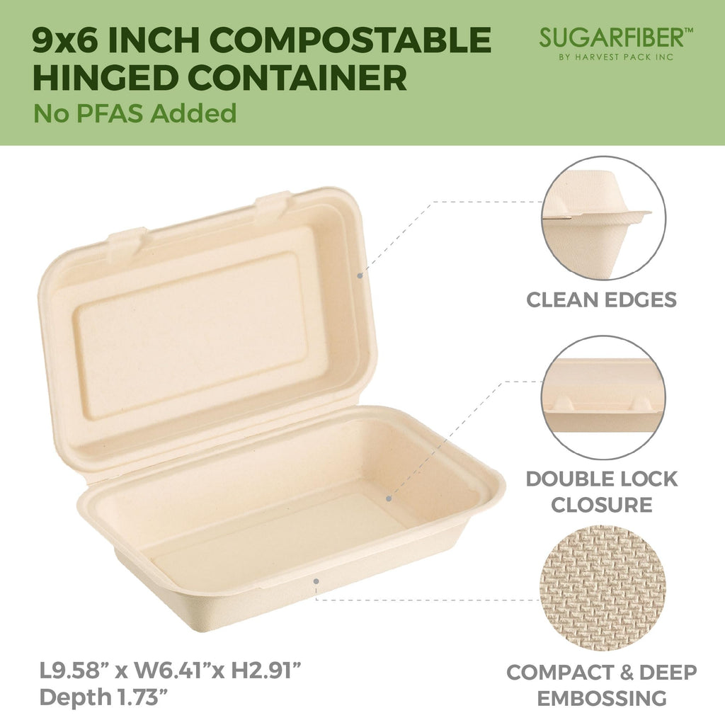 [50 COUNT]Harvest Pack 6 X 6" Compostable Clamshell Take Out Food Containers, PFAS FREE Square To go Containers with Lids, Heavy-Duty Disposable Bagasse Bento Cake Box, Eco-Friendly Sugarcane Fibers