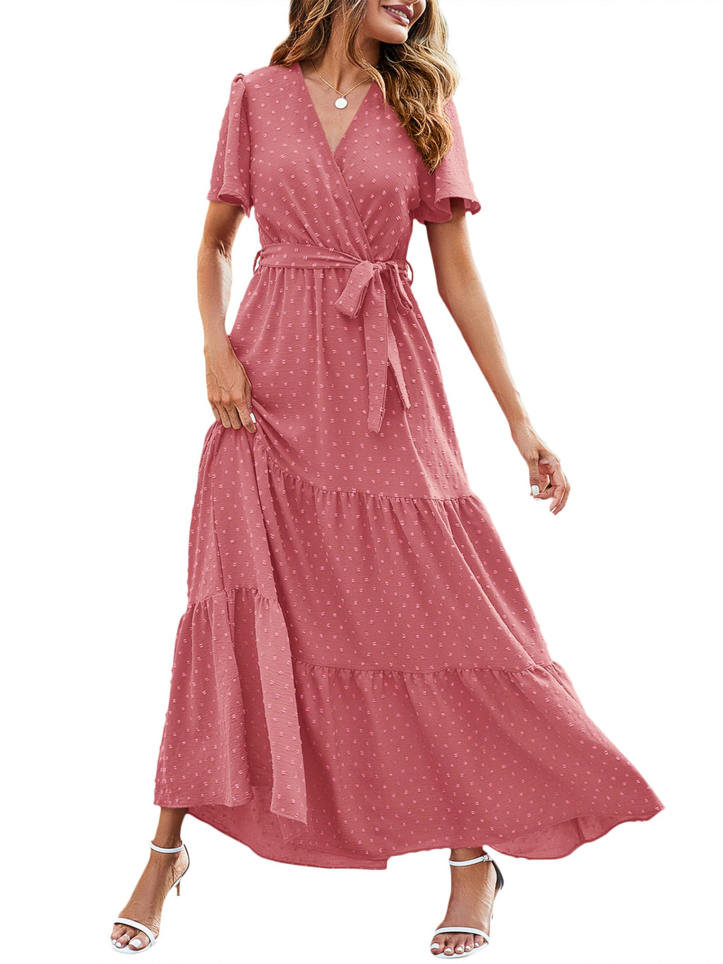 MASCOMODA Womens Summer Swiss Dot Maxi Dresses Wrap V Neck Flutter Short Sleeve Boho Casual Flowy Long Wedding Guest Dress