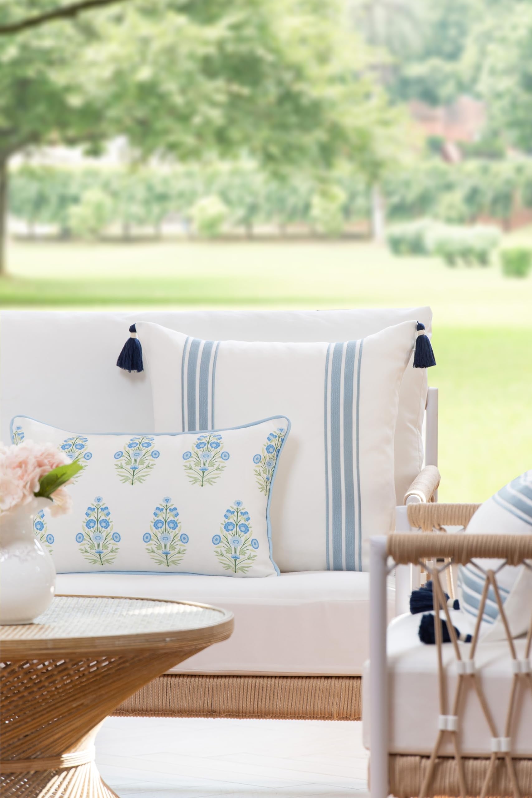 Hofdeco Premium Coastal Patio Indoor Outdoor Lumbar Pillow Cover Only, 12"x20" Water Repellent for Backyard, Couch, Baby Blue Green Floral with Piping