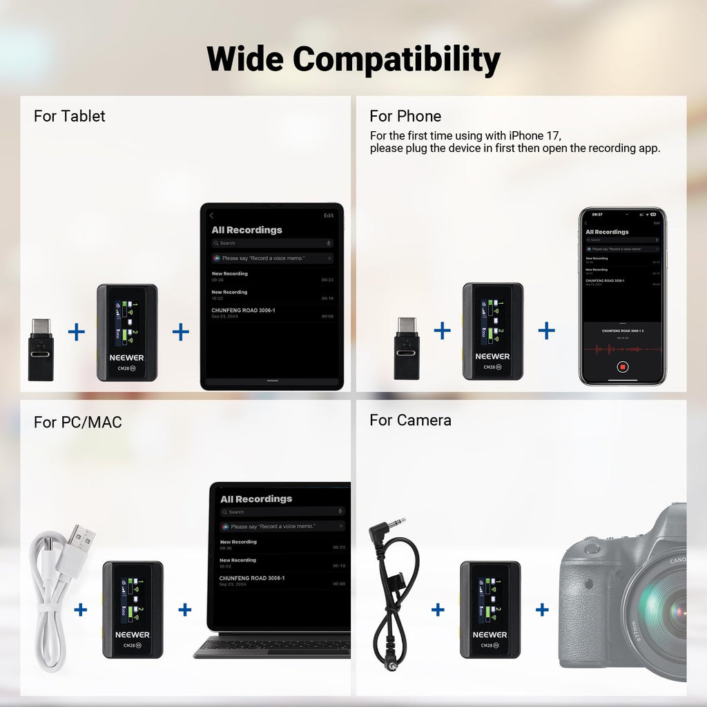 NEEWER CM28 Wireless Lavalier Microphone System, 1 Click Noise Canceling, 4GB Storage for 9Hrs of 48KHz 16 Bit Uncompressed Audio, Lapel Mic Compatible with iPhone/Android/PC/Camera/iPad