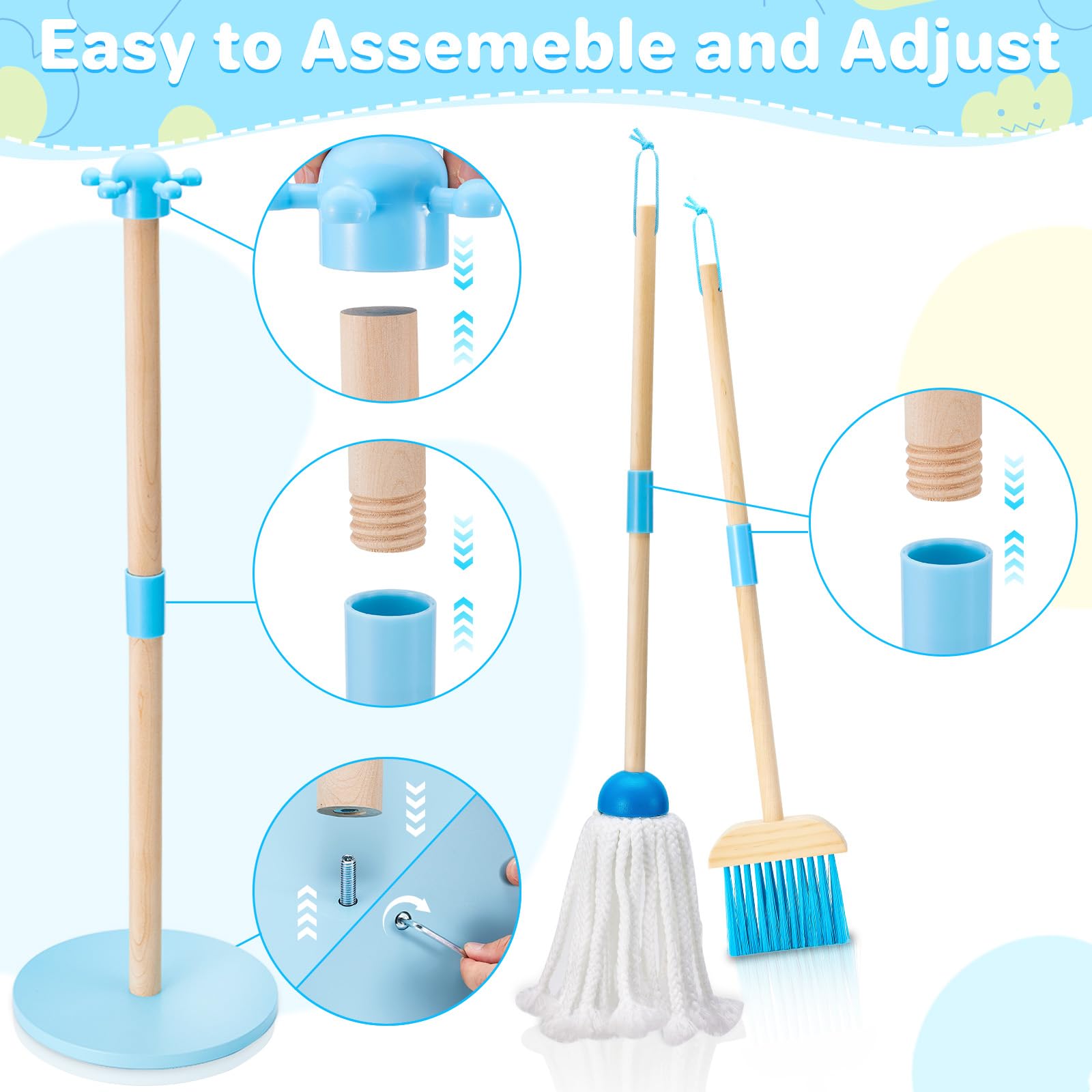 WHOHOLL Wooden Kids Cleaning Toy Set Toddler Broom and Dustpan Set for Housekeeping 9 Pcs Broom and Mop Set for Toddlers 3-6, Cleaning Toys with Sponge, Christmas Birthday Gifts for Boys Girls