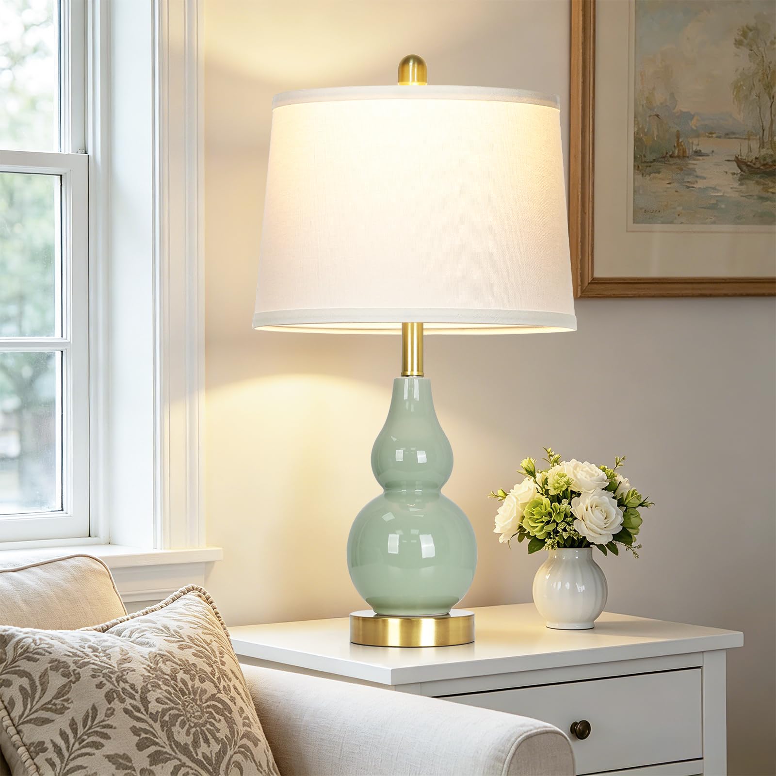 Rinweey Double Gourd Ceramic Table Lamps Set of 2, Modern Blue Bedside Lamps for Night Stand, Contemporary Nightstand Lamps for Bedroom Living Room (Bulb Included)