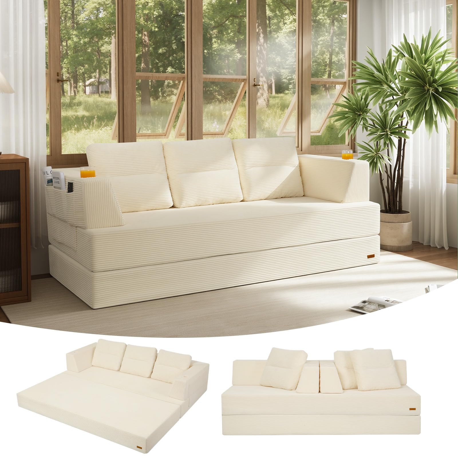 COMAX Futon Sofa Bed, 4‑in‑1 Convertible Sofa Bed, Folding Boneless Couches | Boneless Couch for living room, Fold Out Small Foldable Loveseat Floor Sleeper Mattress Lounge Space‑Saving, Ash Gray