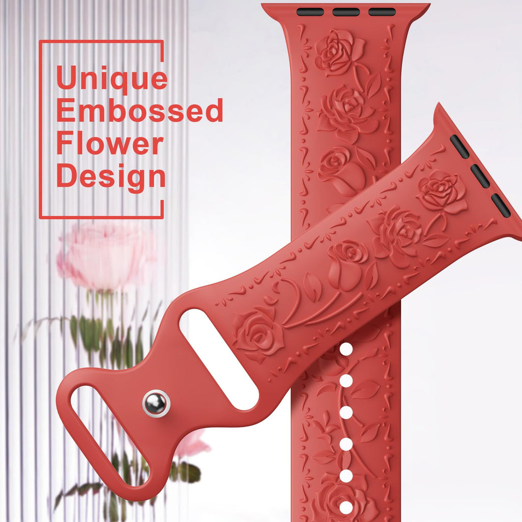 Floral Engraved Band Compatible with Apple Watch Band 40mm 41mm 38mm 42mm 44mm 45mm 46mm 49mm Women, Soft Silicone Cute Embossed Flower Strap for iWatch Band Series SE Ultra 11 10 9 8 7 6 5 4 3 2 1