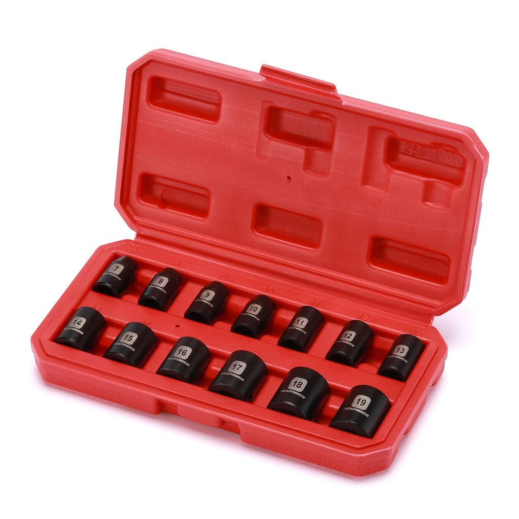 MIXPOWER 12 Pieces 3/8-Inch Drive Shallow Impact Socket Set, 5/16 to 1 inch, CR-V, SAE, 6 Point, Shallow, 12 Pieces 3/8" Dr. Socket