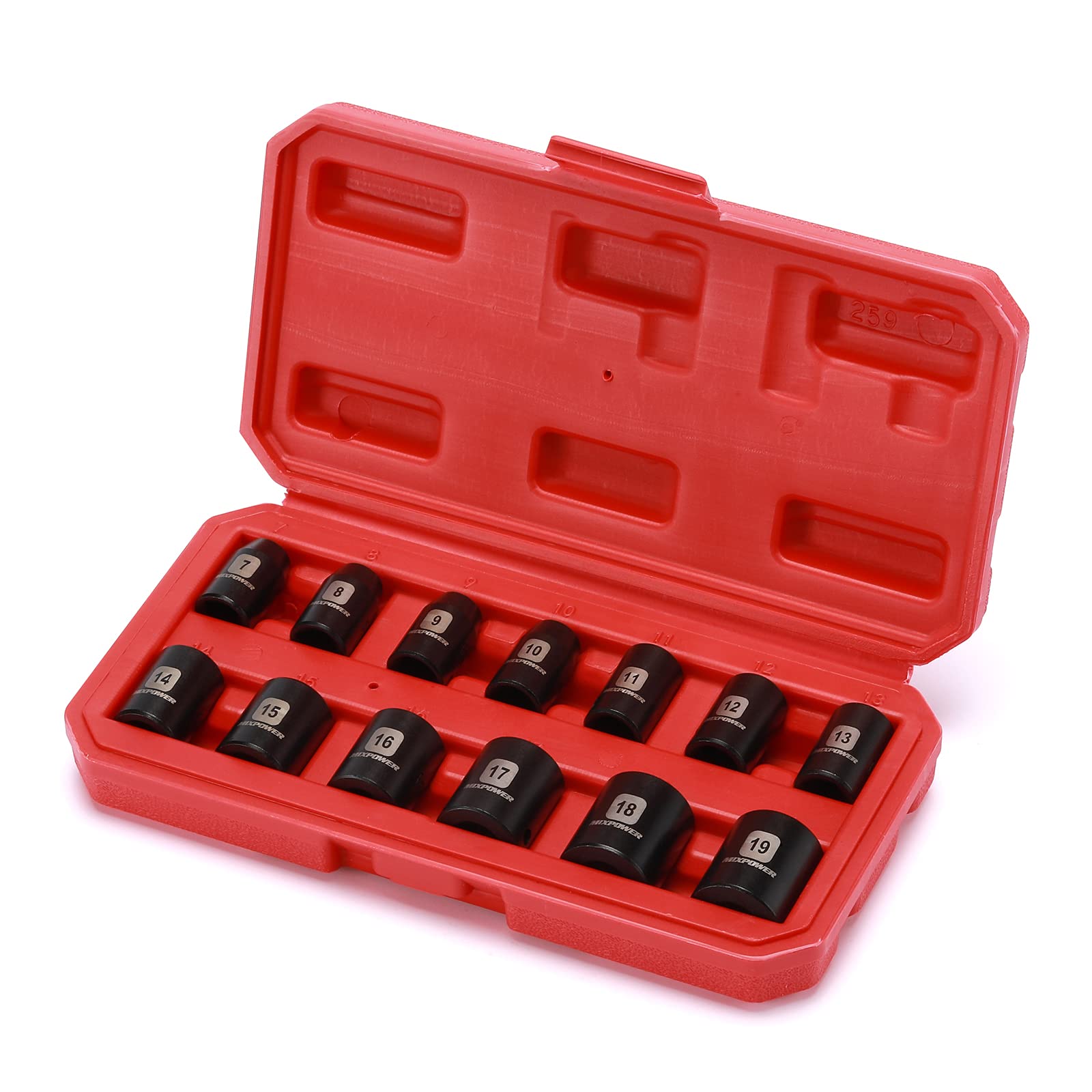 MIXPOWER 12 Pieces 3/8-Inch Drive Shallow Impact Socket Set, 5/16 to 1 inch, CR-V, SAE, 6 Point, Shallow, 12 Pieces 3/8" Dr. Socket