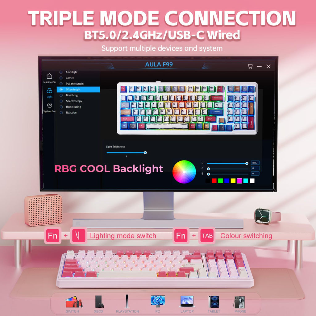Aula F99 Mechanical Gaming Keyboard, Wireless Creamy Keyboard Hot Swappable Custom Keyboards Rechargeable, Tri-Mode BT5.0/2.4GHz/USB-C, Pre-lubed Linear Switches, RGB Backlit, Gasket Structure