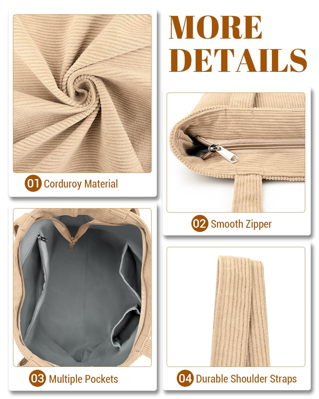 Iioscre Corduroy Tote Bag for Women,Hobo HandBags with Zipper,Large Capacity Casual Shoulder Handbags with Inner Pockets