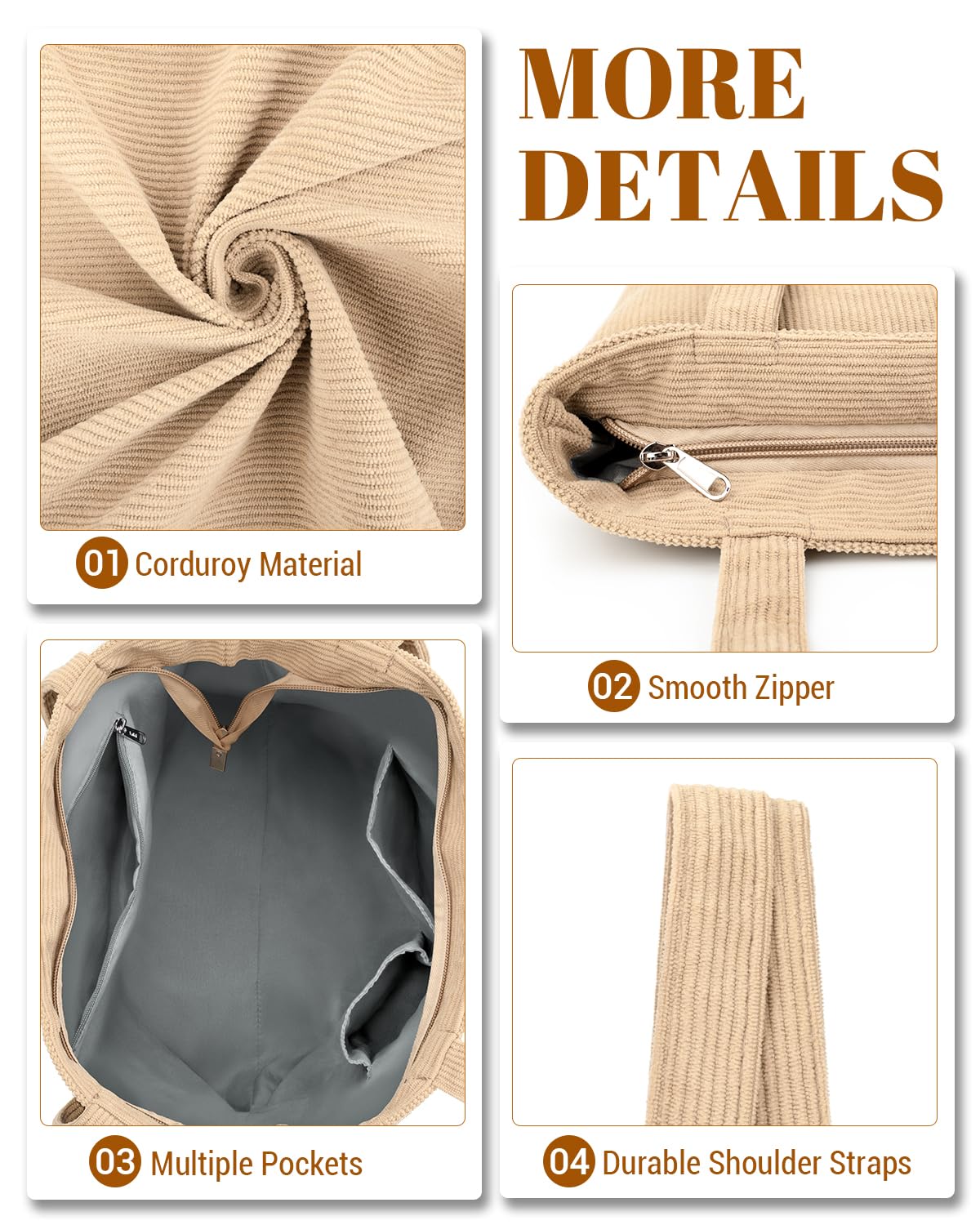 Iioscre Corduroy Tote Bag for Women,Hobo HandBags with Zipper,Large Capacity Casual Shoulder Handbags with Inner Pockets