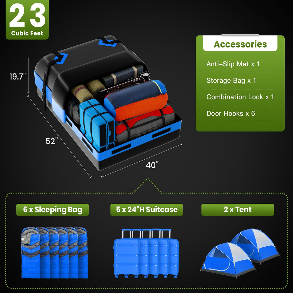 APTY Car Rooftop Cargo Carrier Bag, 16 Cubic Feet Soft Roof Top Luggage Bag for All Vechicles with/Without Racks - with Waterproof Zip, Anti-Slip Mat, Door Hooks, Luggage Lock, Storage Bag