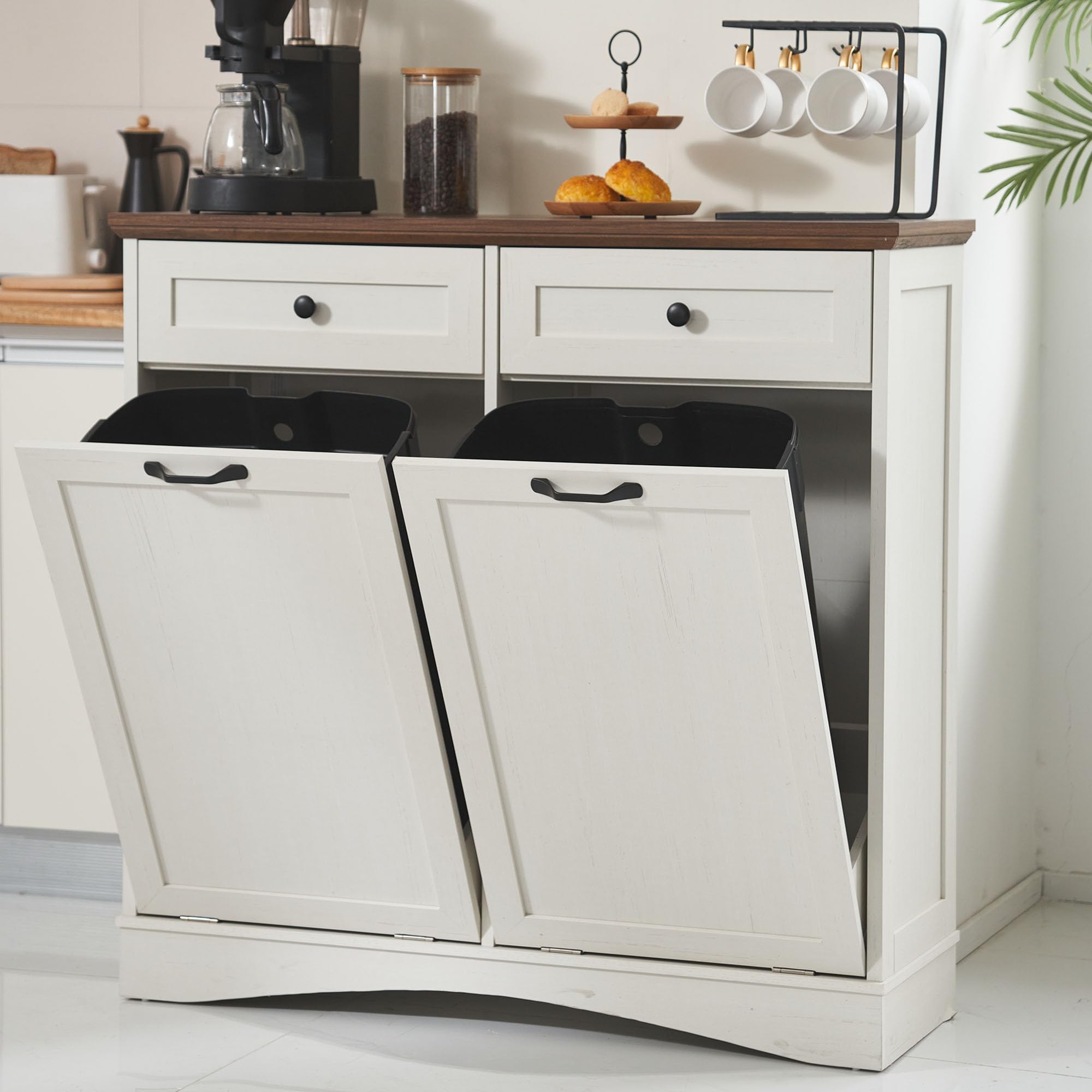 AHB Double Tilt Out Trash Can Cabinet Freestanding Kitchen Trash Can, 2x13 Gallons Hidden Garbage Recycling Cabinet with Hideaway Drawers Pet Proof Trash Can Holder for Kitchen, Antique White
