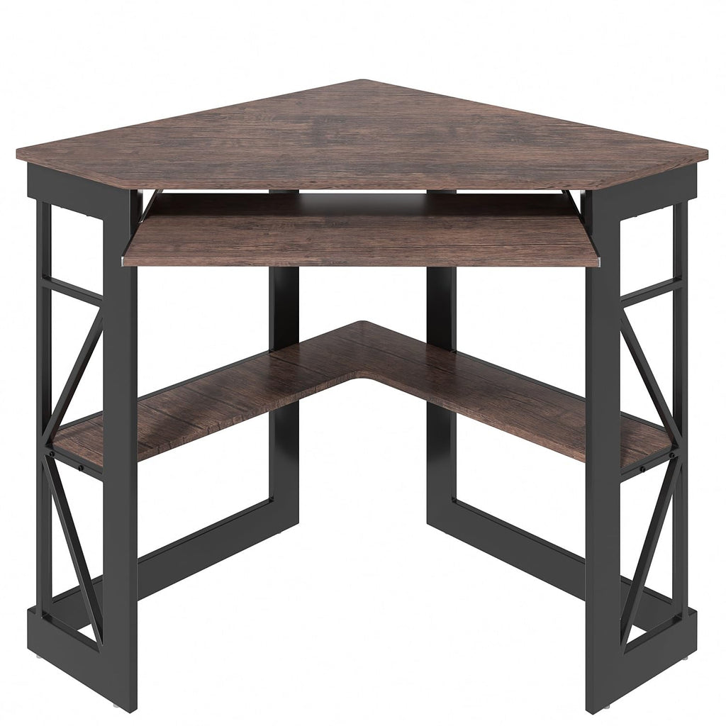 VECELO Corner Desk Computer Desk Writing Table with Smooth Keyboard Tray & Storage Shelves,Compact Home Office Triangle Table,Antique Brown