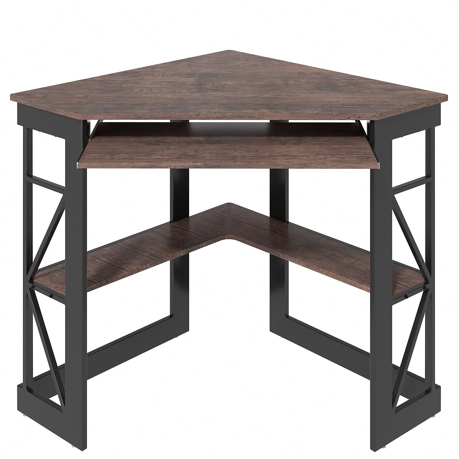 VECELO Corner Desk Computer Desk Writing Table with Smooth Keyboard Tray & Storage Shelves,Compact Home Office Triangle Table,Antique Brown