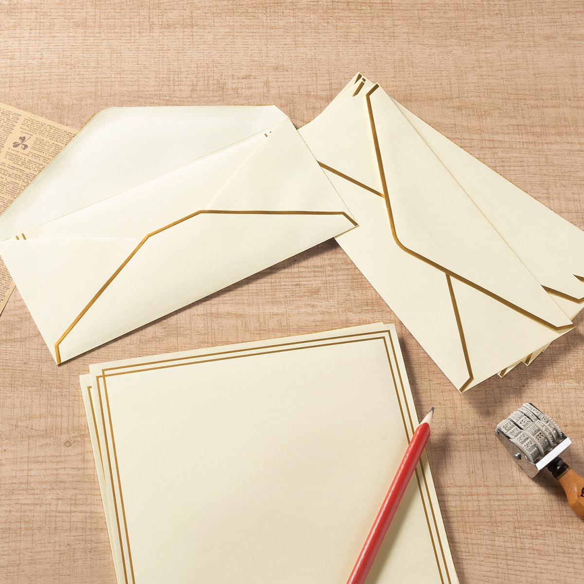 50 Pack Stationery Set with Envelopes, Cream Color, 8.5x11 Inches | Gold Border, #10 Business Envelopes and 8.5x11 Paper Sheets, Stickers for Letter Writing, Invitations