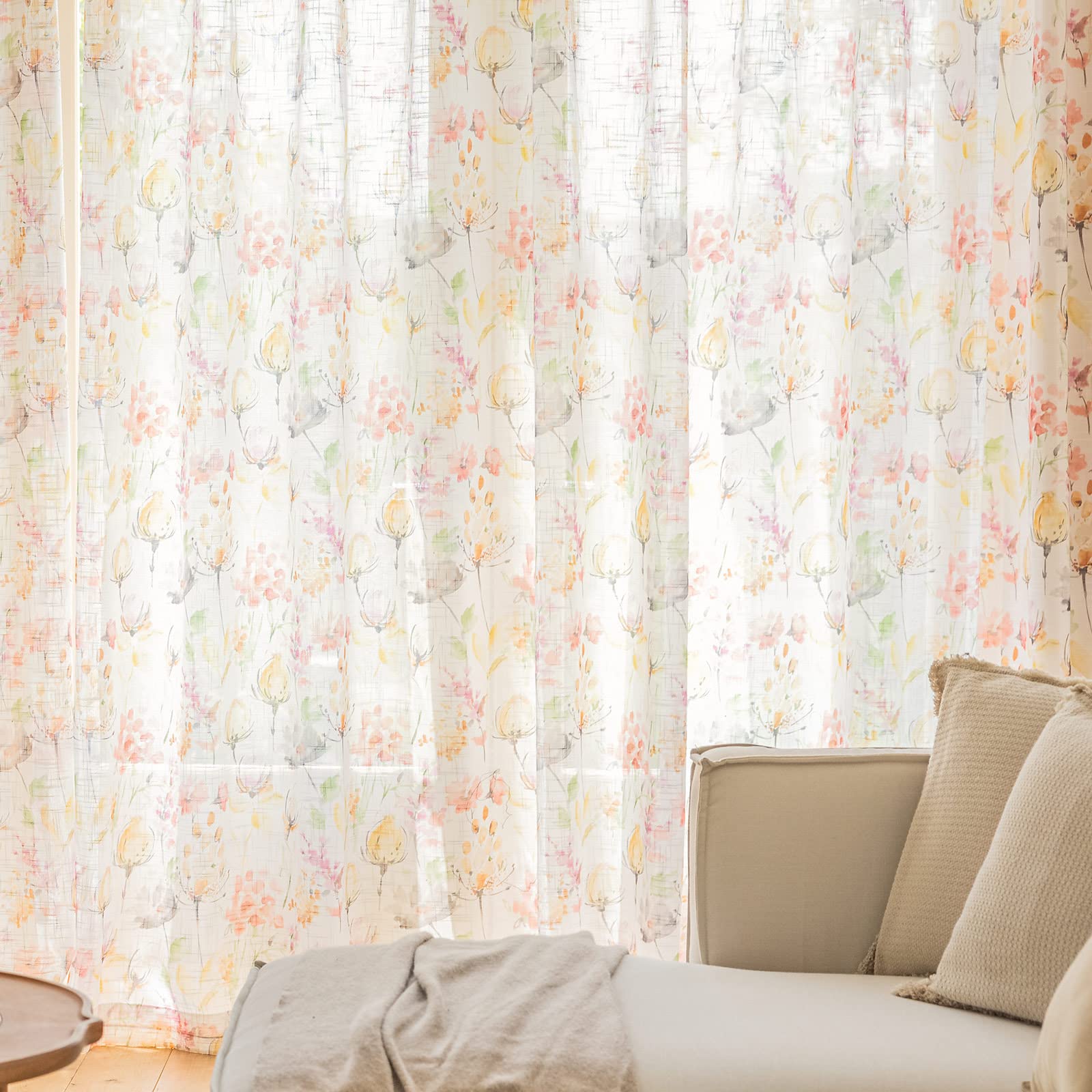 SUOUO Blue Leaf Semi Sheer White Curtains for Bedroom Dining Living Room Linen Textured 84 inches Long Rod Pocket Boho Window Drapes 2 Panels