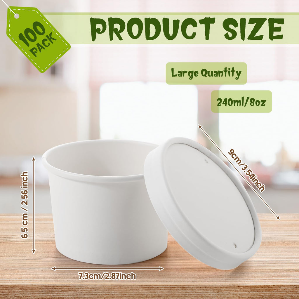Fulmoon 100 Pack Paper Soup Containers with Lids Disposable Paper Food Containers with Vented Lid Kraft Ice Cream Cake Dessert Cups Soup Bowl for Party Hot Food Fruit Microwave(4 oz,Brown)