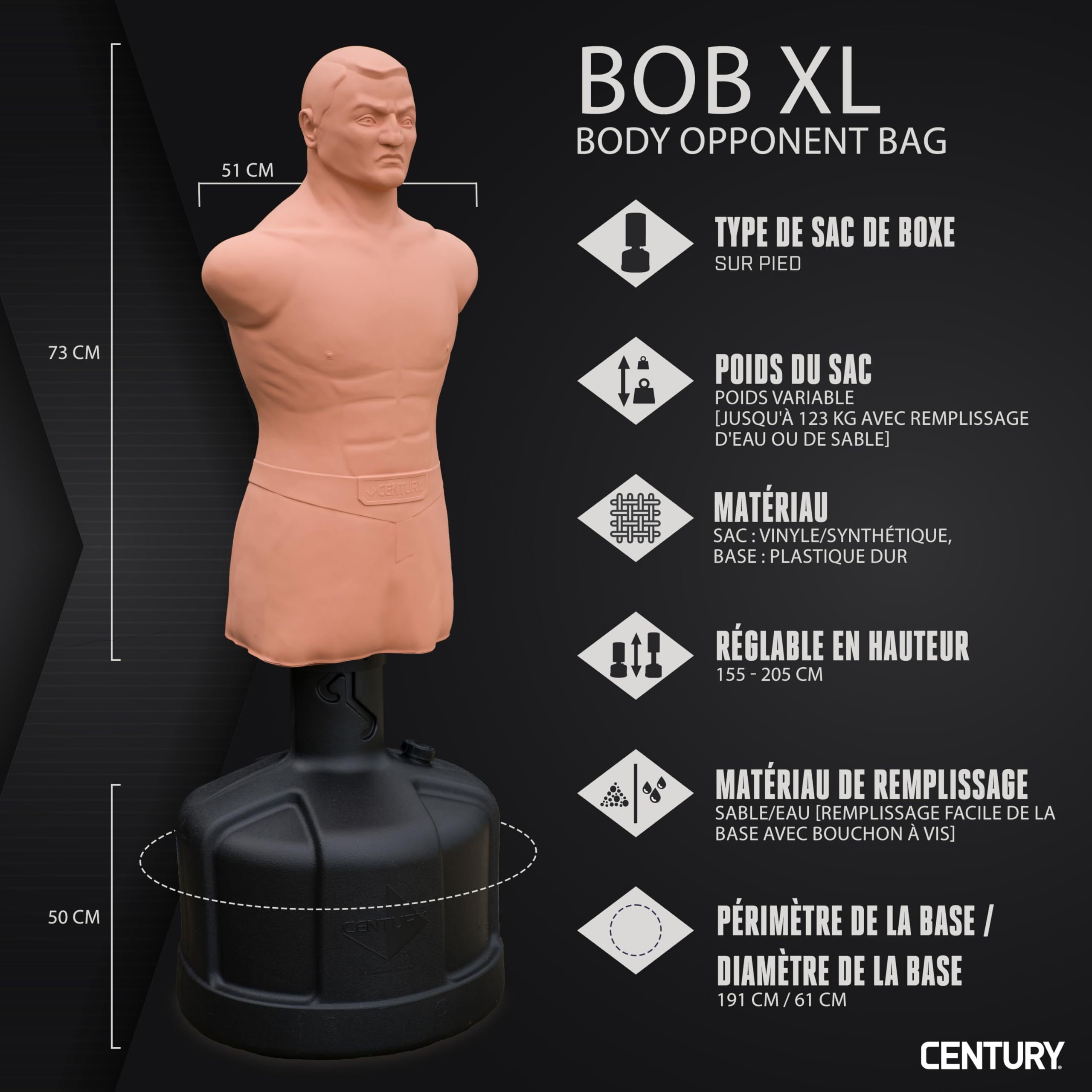 Century BOB XL Punching Bags - Style Options | Freestanding Punching Bag | Boxing Bag for Adults | Fighting Bag & Boxing Bag Stand | Kick Boxing Mannequin | Training Bag for Martial Arts
