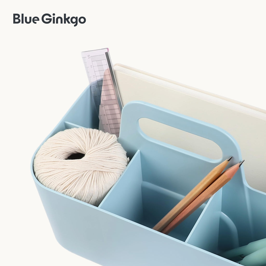 BLUE GINKGO Stackable Organizer Caddy – Korean-Made Portable Tote for Bathroom, Office, Crafts, or School Supplies (Long Rectangle, Blue)