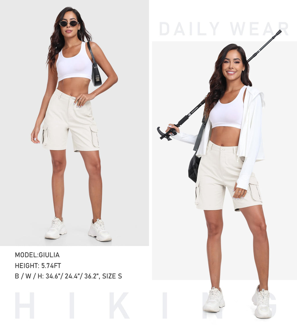 MoFiz Women's Cargo Shorts Bermuda Shorts Button Pockets Elastic Waist Knee Length Long Hiking Casual Shorts for Summer