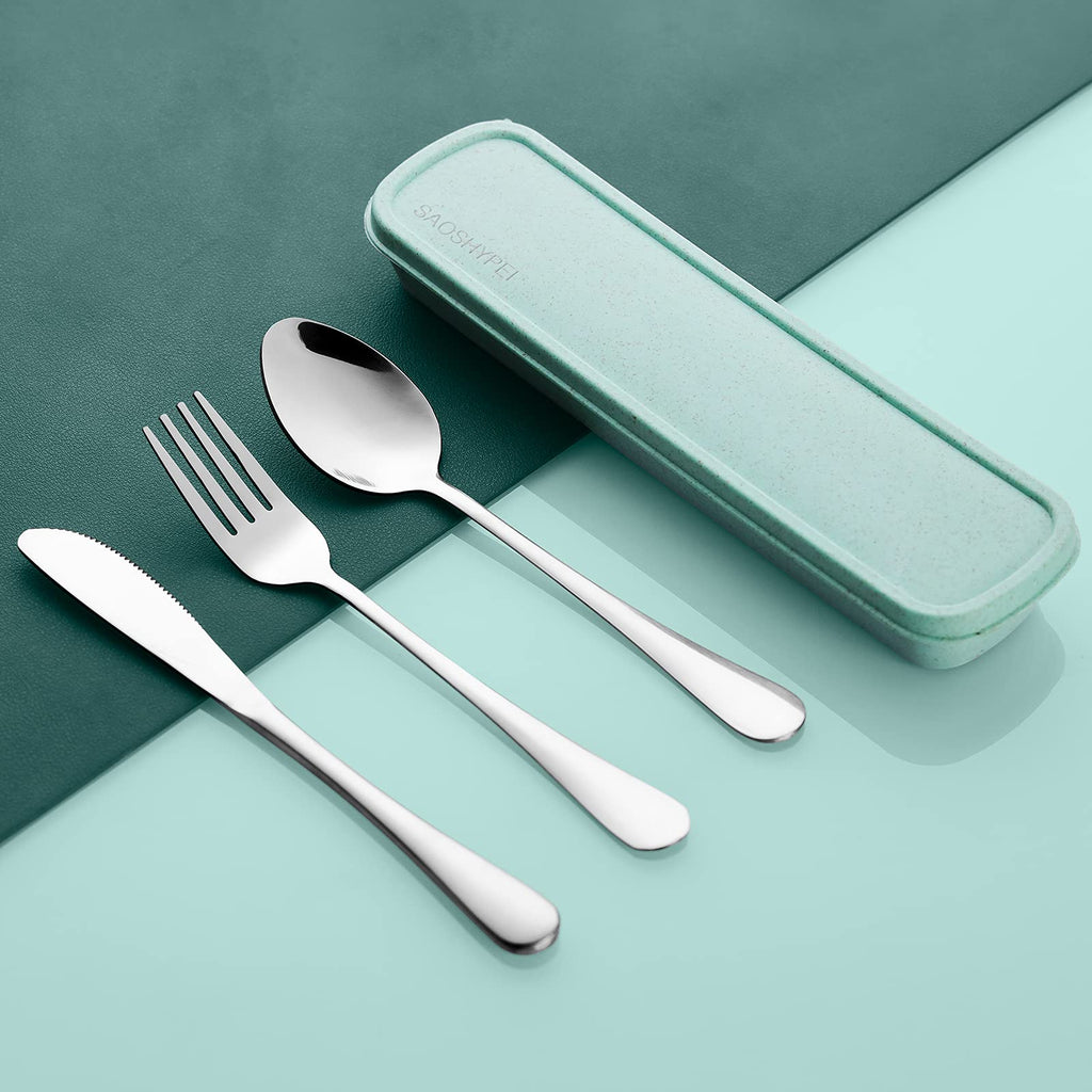 SAOSHYPEI 4-Piece Portable Utensils Set with Travel Case, Reusable Food-Grade Stainless Steel Silverware (Knife, Fork, Spoon), Dishwasher Safe Flatware for Camping, Work Lunch & Picnic, Black