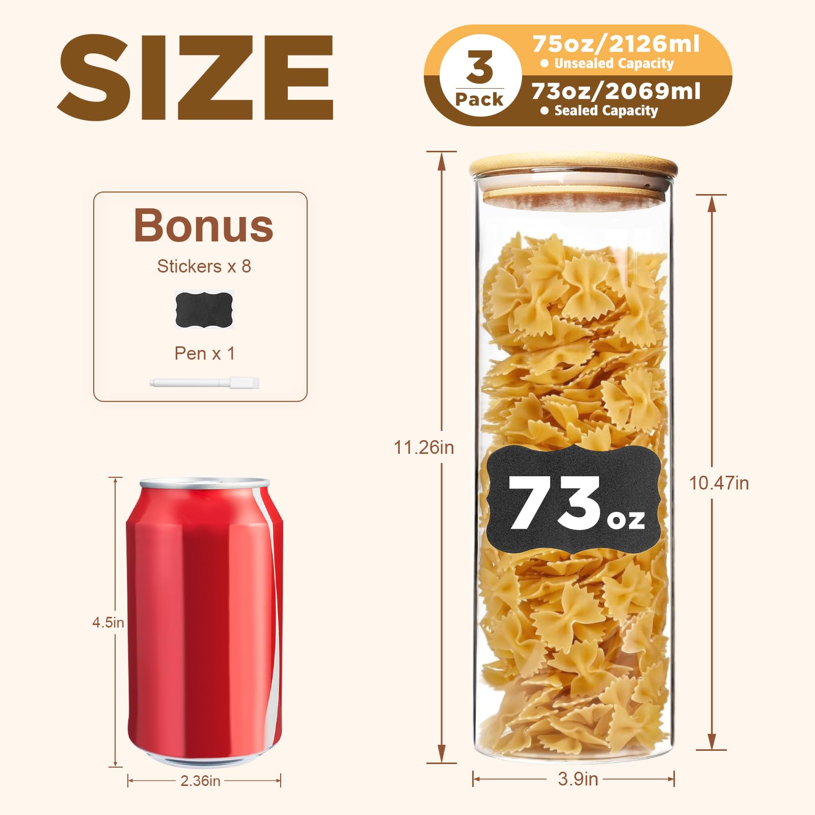 SHOWIN 73oz Glass Pasta Storage Jars, Tall Glass Jars with Bamboo Lids, Spaghetti Container, Set of 3, Kitchen Storage Containers for Pasta, Pantry Organizers