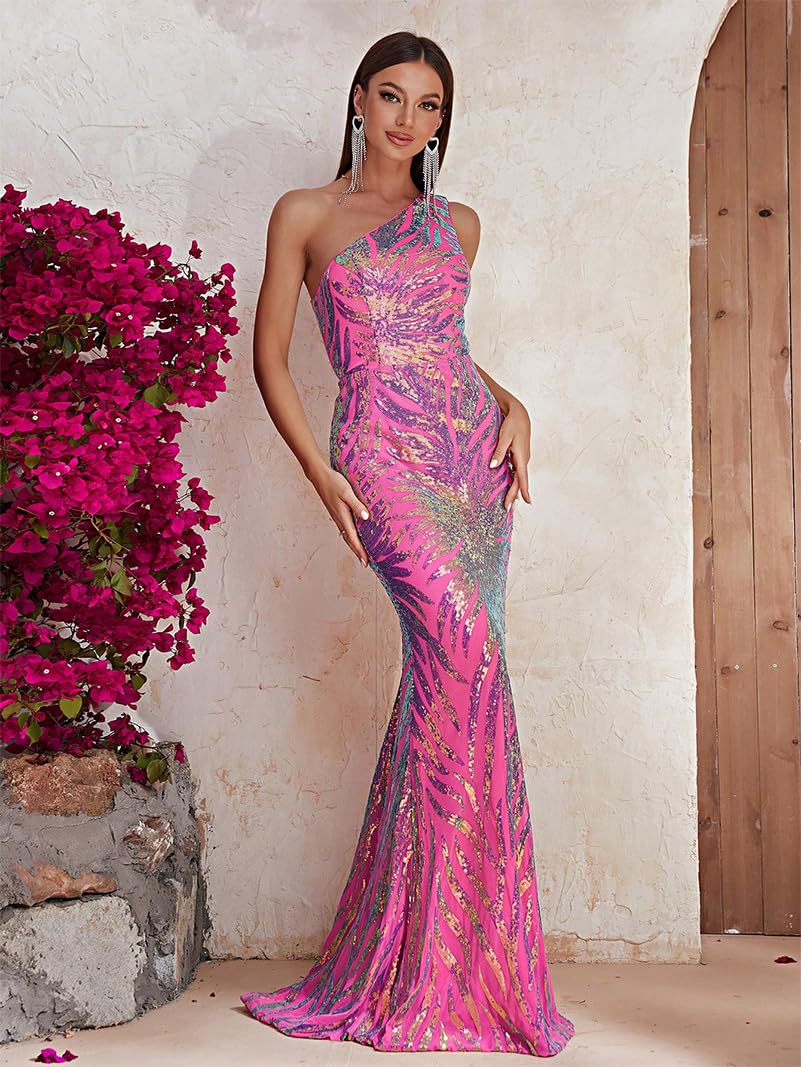 Giffniseti Women's One Shoulder Holographic Sequin Dresses Evening Gown Formal Prom Maxi Dress