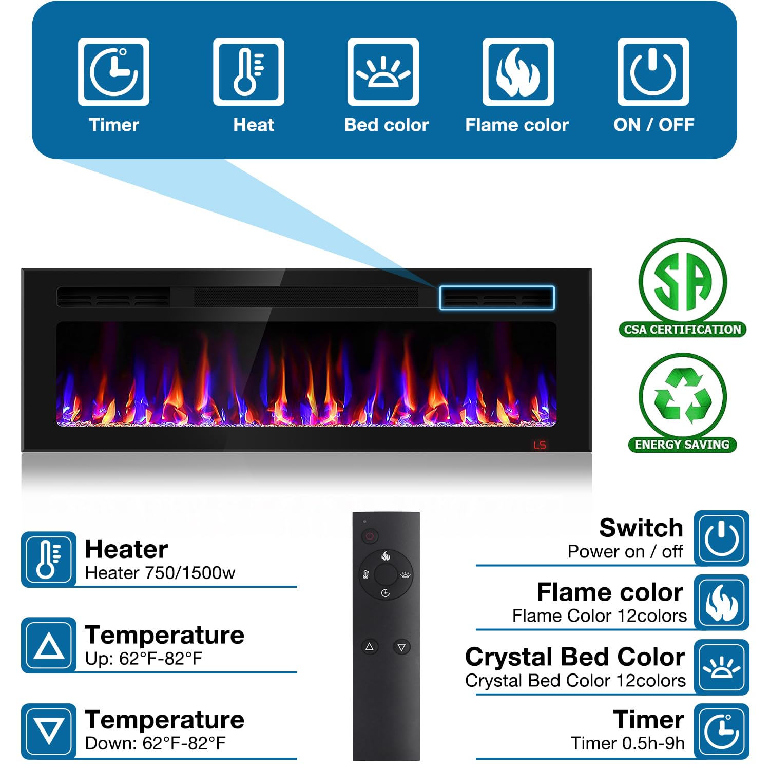 31 Inch Electric Fireplace Recessed and Wall Mounted, Fireplace Heater and Linear Fireplace, Ultra-Thin Electric Fireplace, Low Noise, with Timer, Remote Control, Adjustable 12 Flame Color, 750/1500W