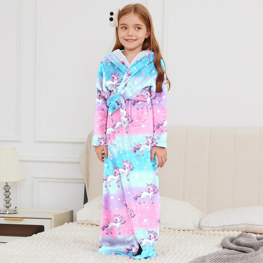 Jxstar Girls Bathrobes Kids Long Hooded Robes Plush Full Length Coral Fleece Pajamas Sleepwear