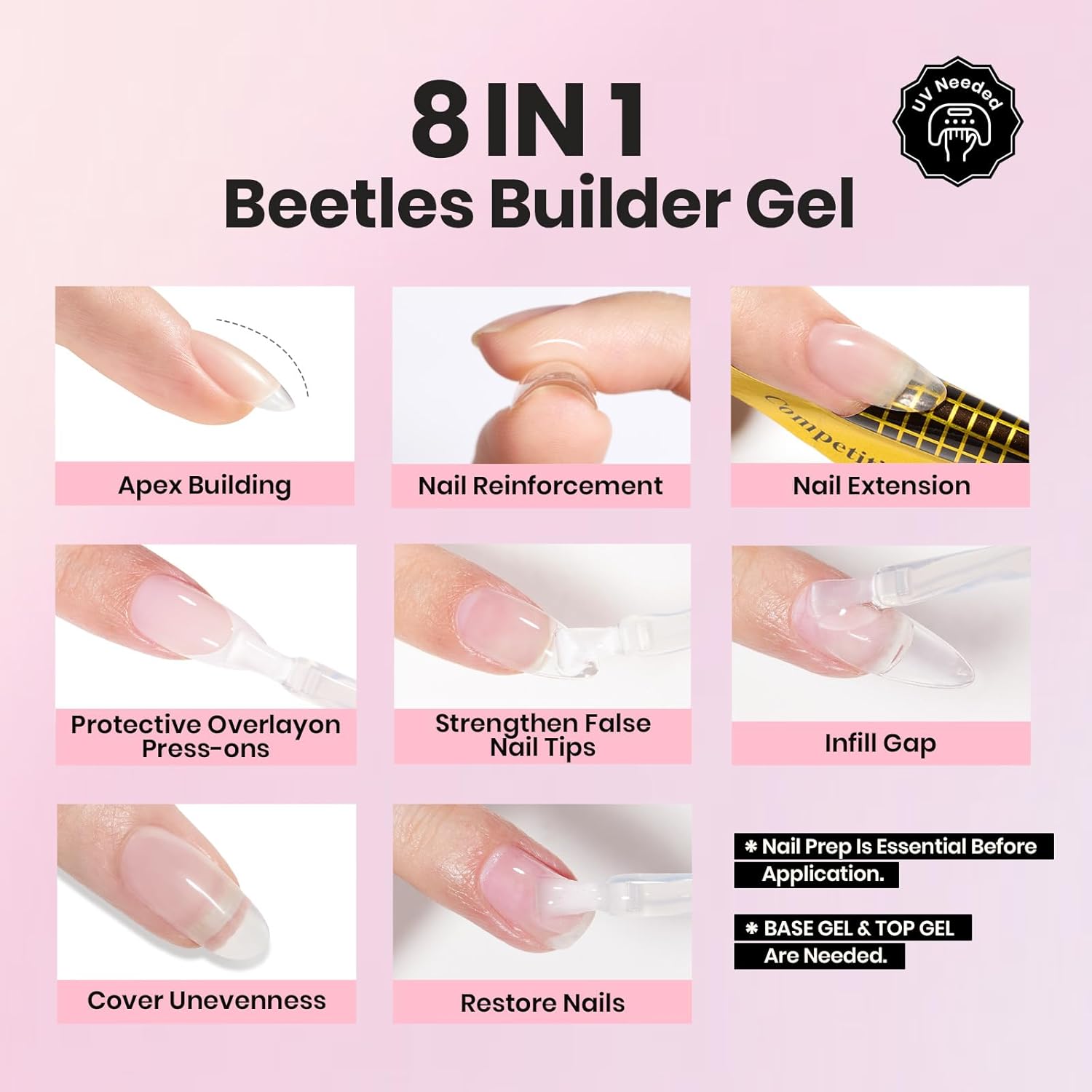 Beetles 2Pcs 15ml Gel Base and Top Coat Set - Upgrade No Wipe Extra Glossy Top Coat Finish for Gel Nail Polish, Soak Off UV/LED Lamp Needed, Essentials for Long-Lasting Manicure Kit