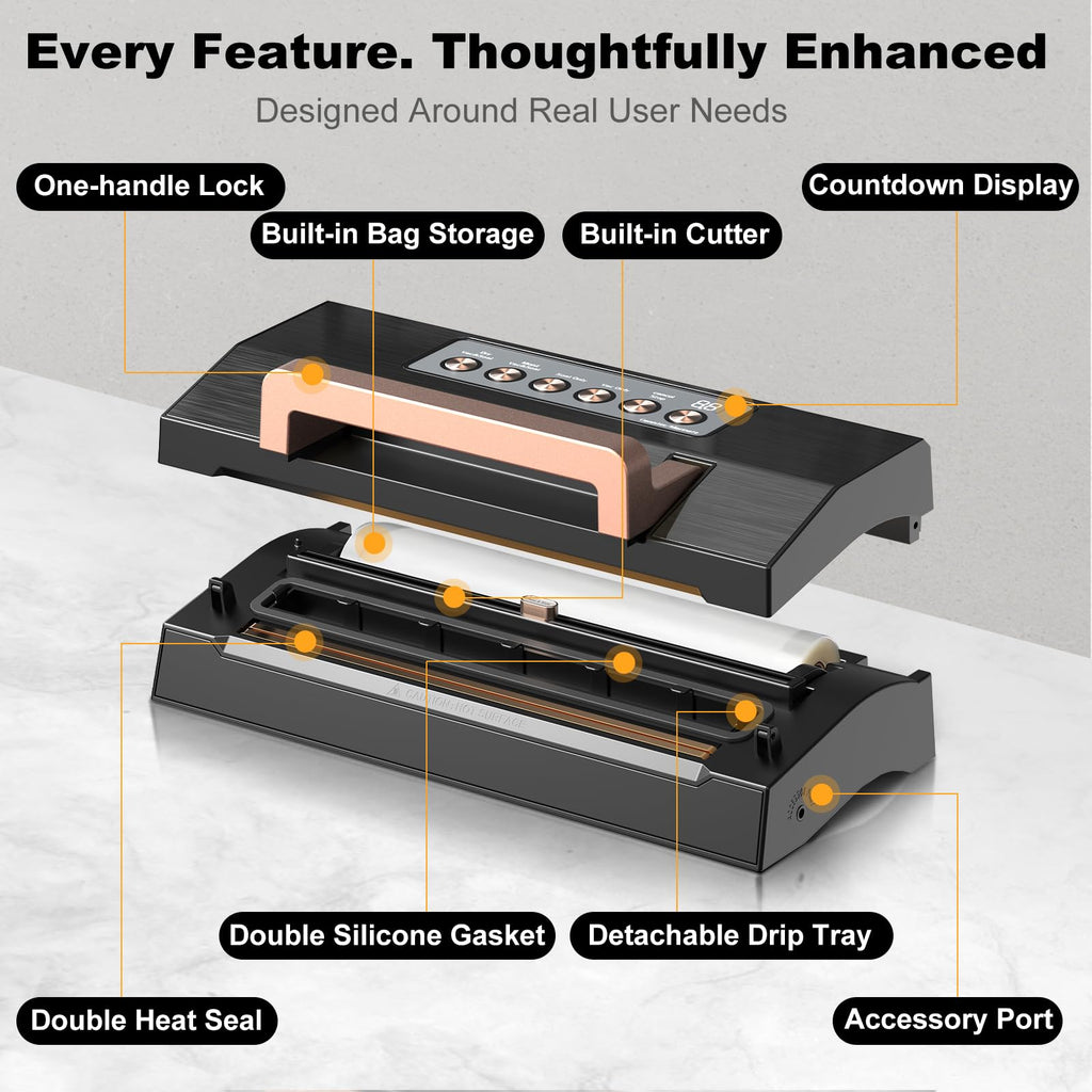 Powerful Suction Vacuum Sealer Machine,Commercial Fully Automatic Food Vacuum Sealer with Double Heat Seal,Dry & Moist Modes,Built-in Cutter,Bags Storage,Easy-Lock Handle,Include 2 Bag Rolls (Black)
