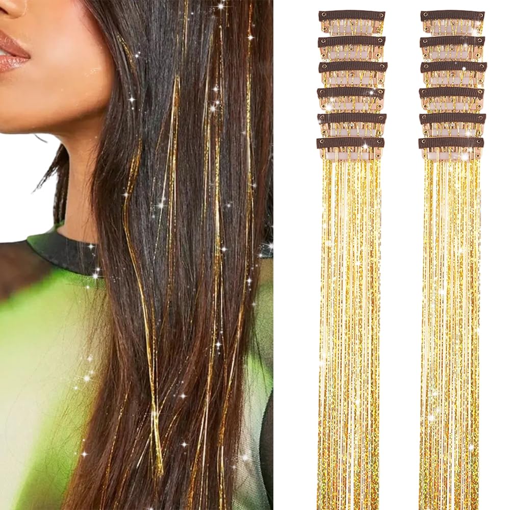 Clip in Hair Tinsel, Pack of 12 Pcs 20 Inch,Glitter Tinsel Hair Extensions, Festival Tinsel Fairy Hair Extension Party Dazzle Hair Accessories Strands Kit for Women Girls(12Pcs,Black#)
