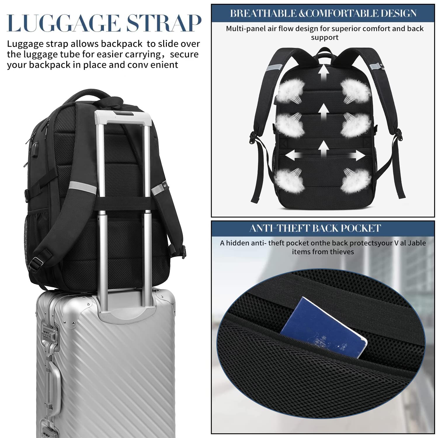 Extra Large Backpack for Men 55L,18.4Inch Travel Laptop Backpack with USB Charging Port Business Flight Approved Carry On Backpack,TSA Big Capacity Heavy Duty Computer Bag College Bookbag,Black