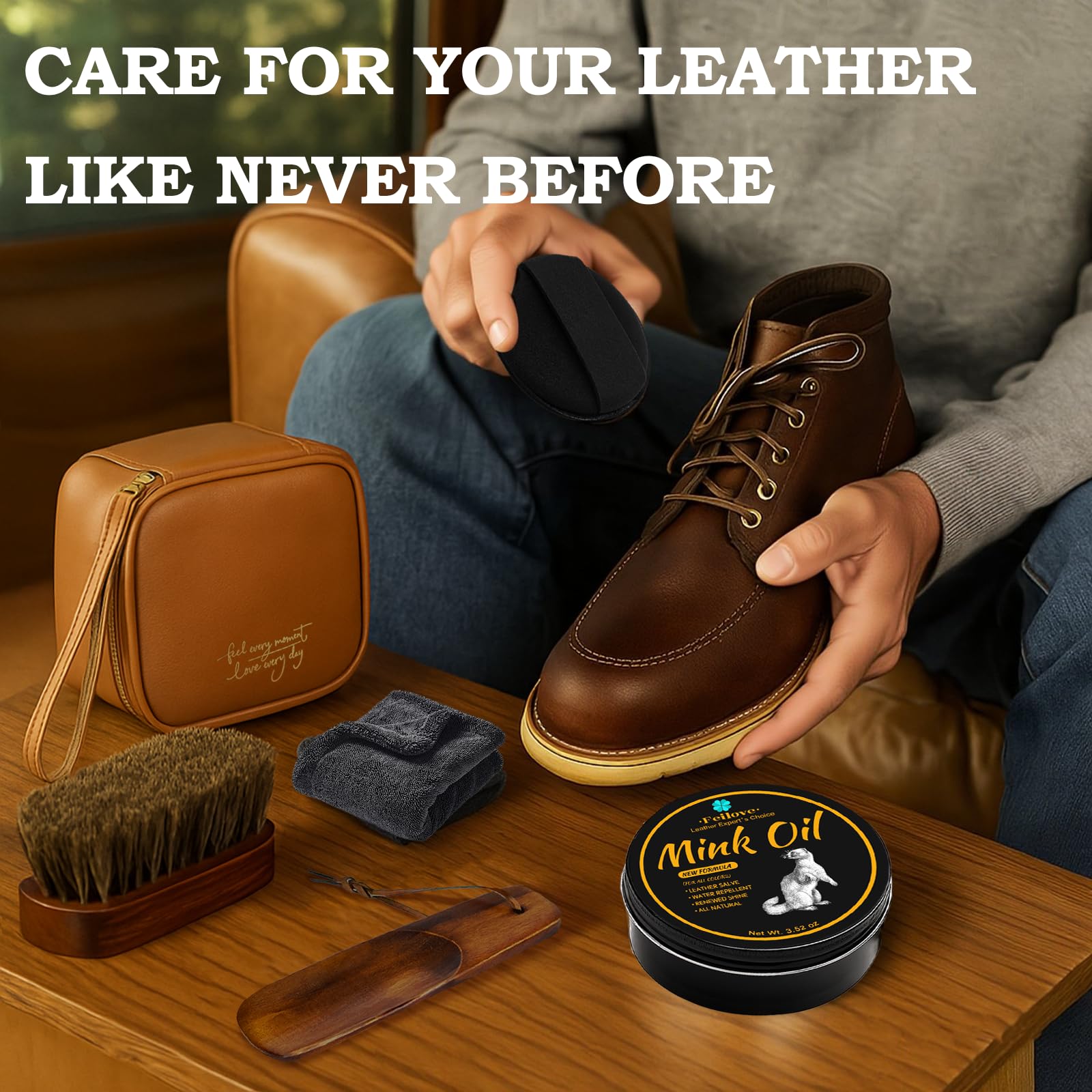 Feilove 4-in-1 Mink Oil Leather Conditioner and Cleaner 3.52 oz - Premium Waterproof Formula for Boots and Shoes