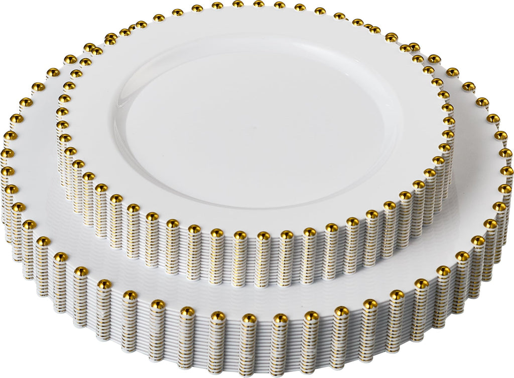 PLASTICPRO 32 Piece Combo Plastic Dinner Plates Disposable Plastic Fancy Heavy Duty Party Dishes 7 inch and 10 inch, Black and Gold Beaded