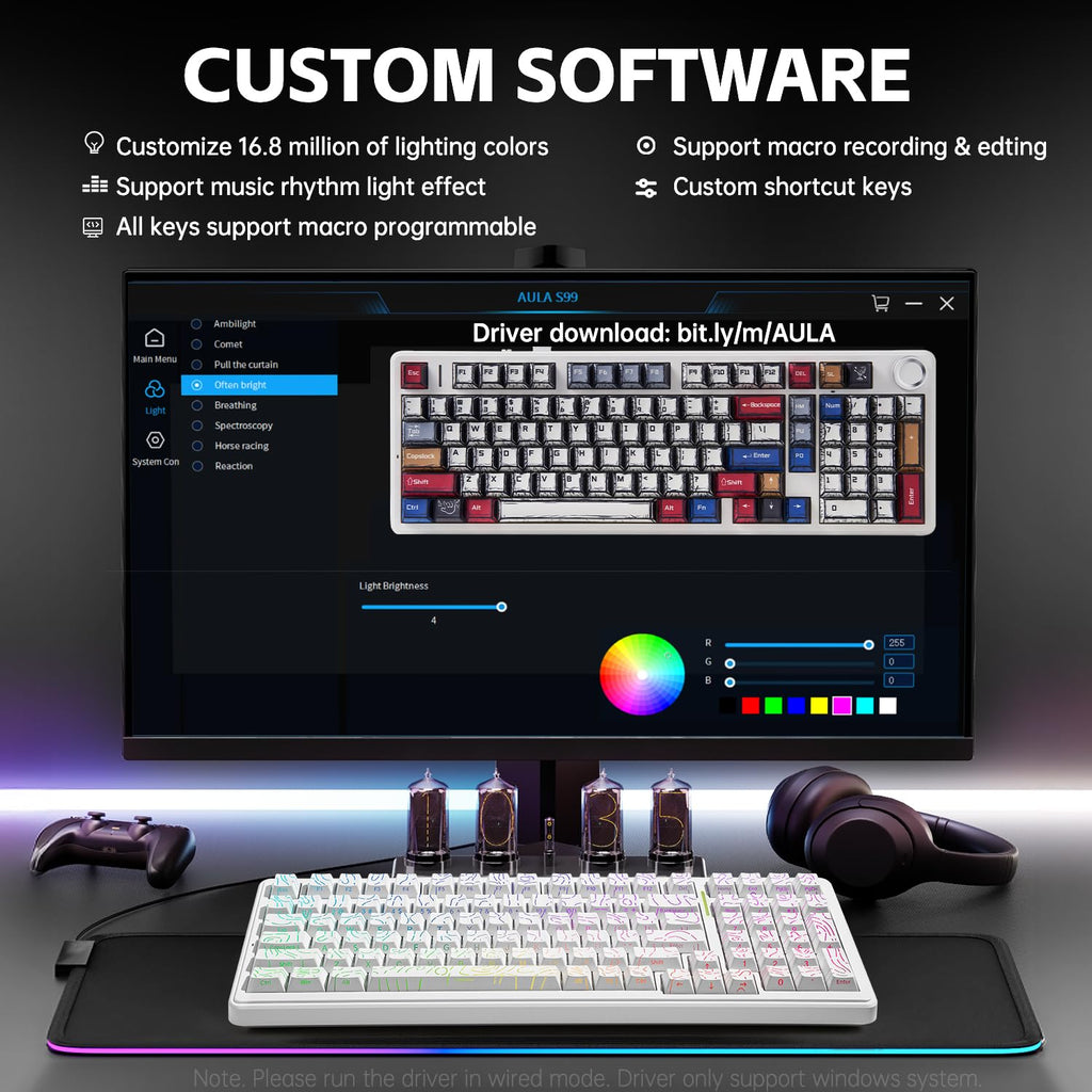 Aula F99 Mechanical Gaming Keyboard, Wireless Creamy Keyboard Hot Swappable Custom Keyboards Rechargeable, Tri-Mode BT5.0/2.4GHz/USB-C, Pre-lubed Linear Switches, RGB Backlit, Gasket Structure